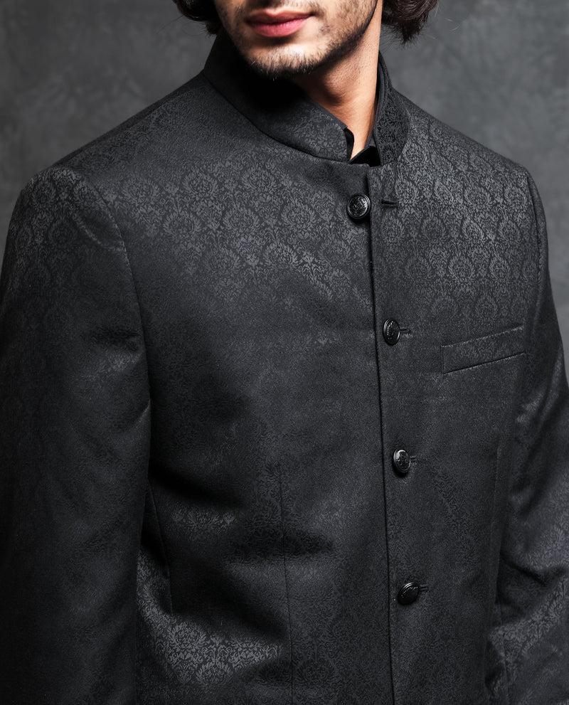 Rare Rabbit Men's Utica Black Polyester Viscose Fabric Mandarin Collar Tailored Fit Floral Jacquard Bandhgala