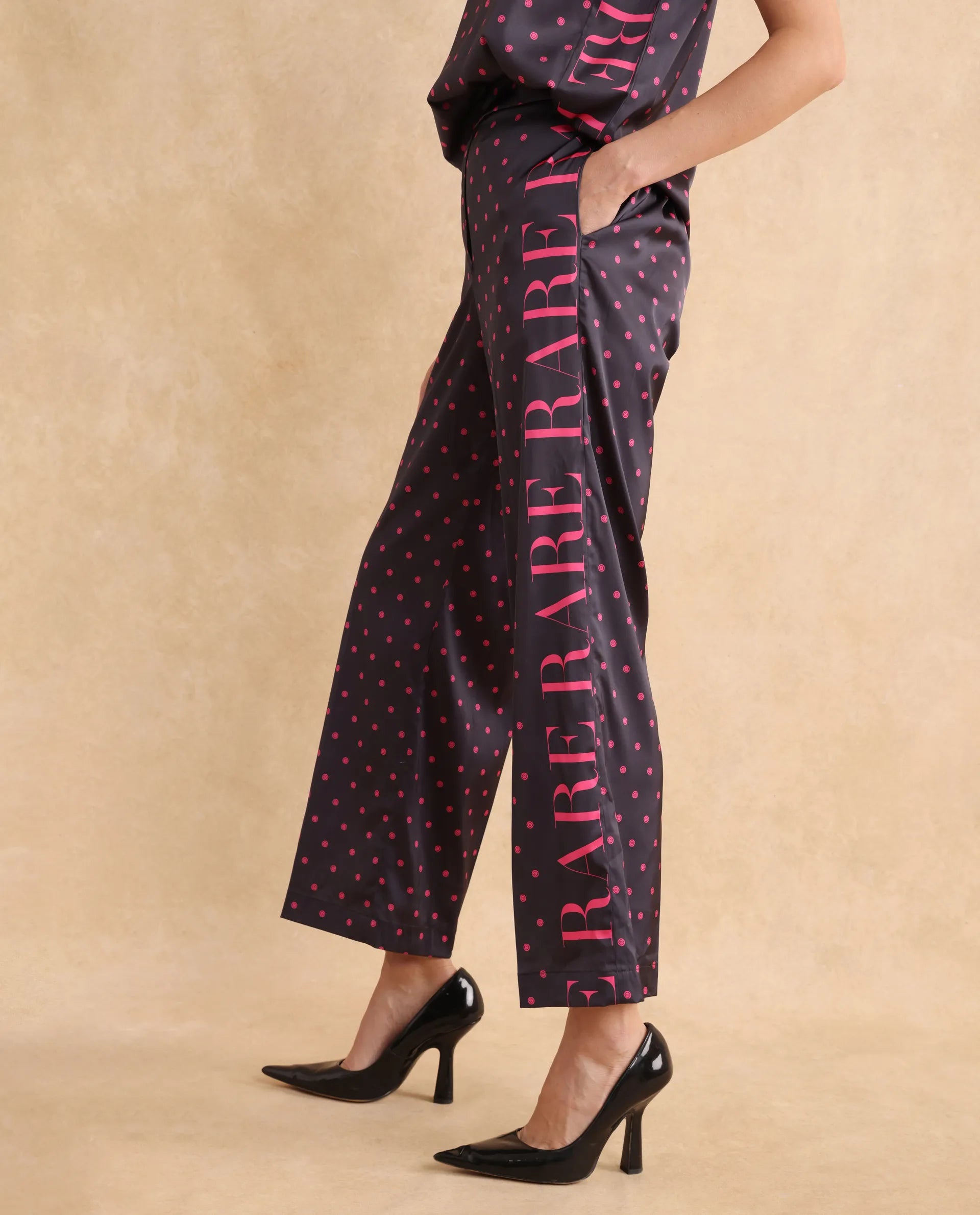 Rareism Women Utkco-B Dark Grey Polyester Fabric Tie Up Closure Straight Fit Ankle Length Polka Print Trouser