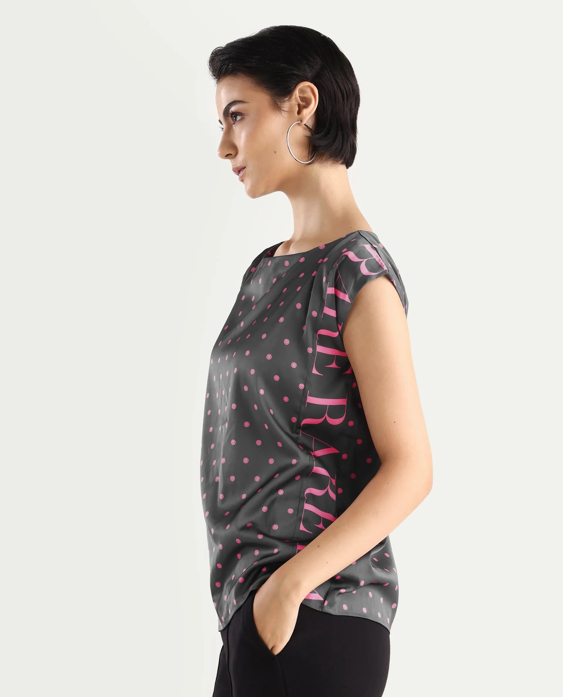 Rareism Women's Utkco Dark Grey Polyester Boat Neck Polka Print Extended Sleeves Regular Fit Top