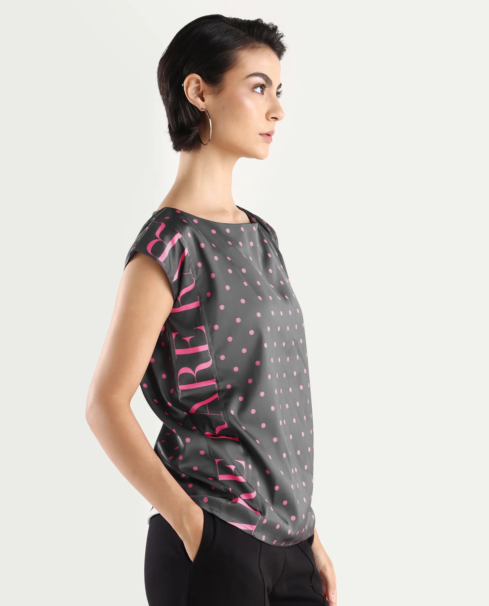 Rareism Women's Utkco Dark Grey Polyester Boat Neck Polka Print Extended Sleeves Regular Fit Top