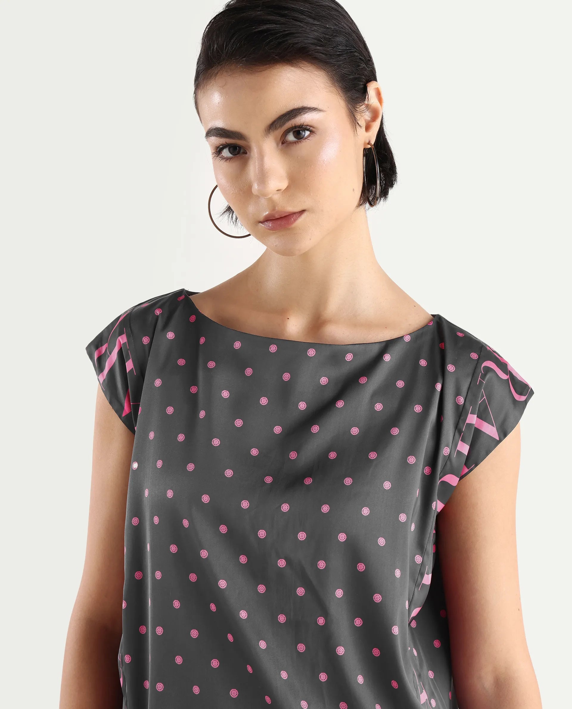 Rareism Women's Utkco Dark Grey Polyester Boat Neck Polka Print Extended Sleeves Regular Fit Top
