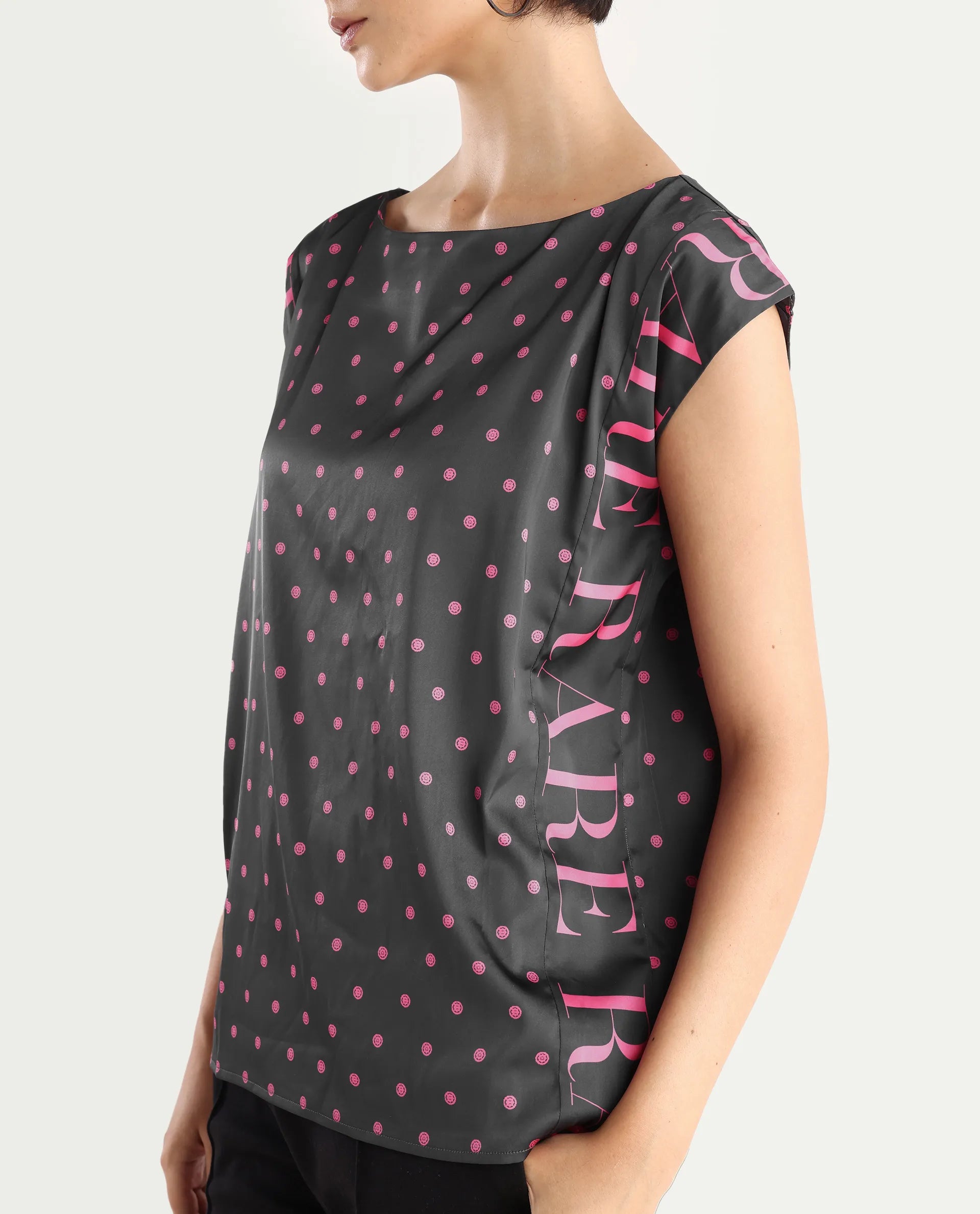 Rareism Women's Utkco Dark Grey Polyester Boat Neck Polka Print Extended Sleeves Regular Fit Top