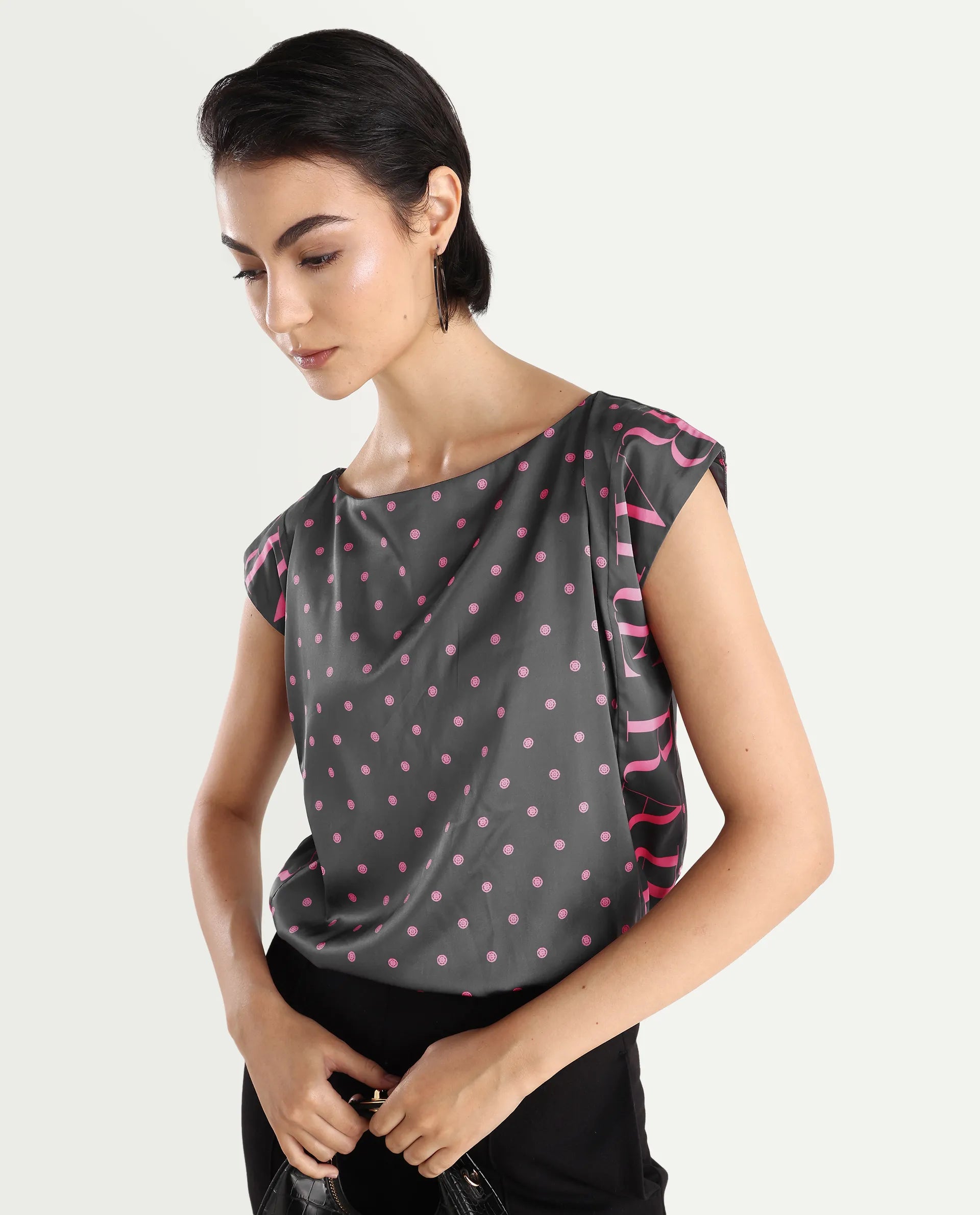 Rareism Women's Utkco Dark Grey Polyester Boat Neck Polka Print Extended Sleeves Regular Fit Top