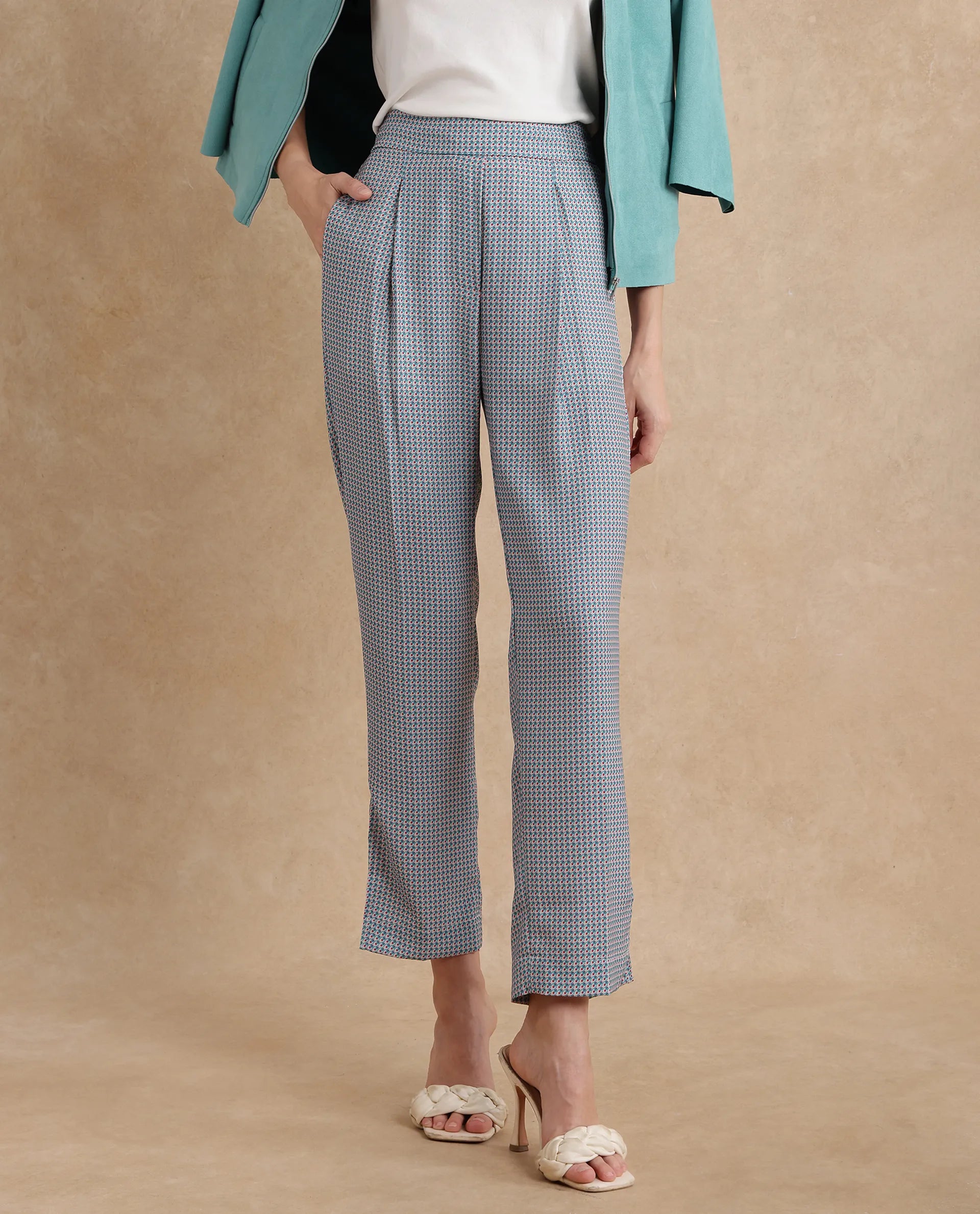 Rareism Women Utkil-B Multi Polyester Fabric Button Closure Straight Fit Ankle Length Houndstooth Trouser