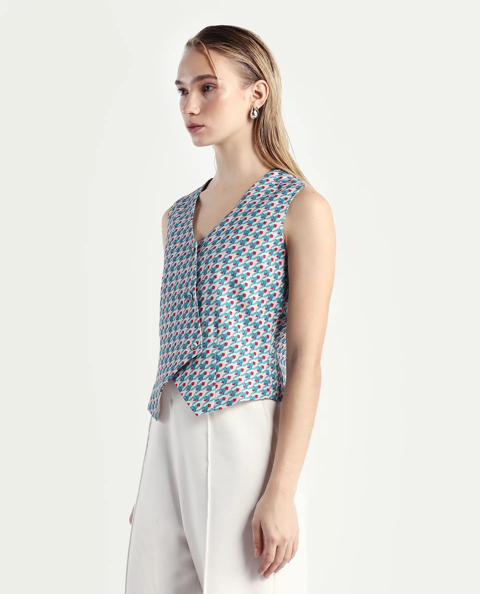 Rareism Women's Utkil Multi Polyester V-Neck Houndstooth Print Sleeveless Crop Regular Fit Top