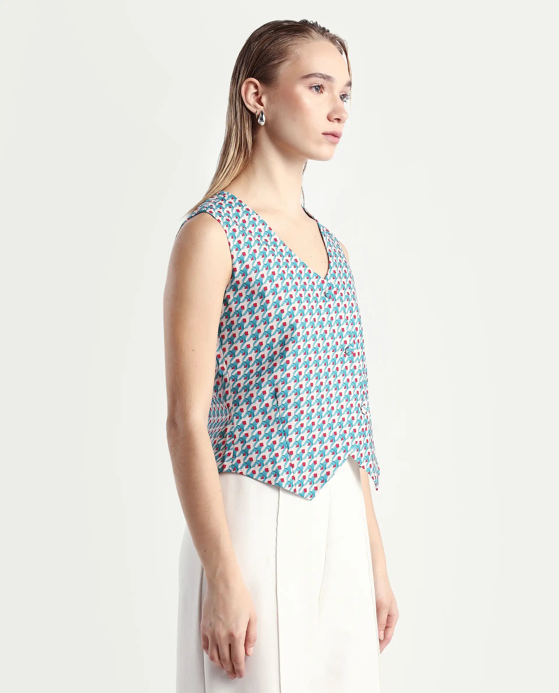 Rareism Women's Utkil Multi Polyester V-Neck Houndstooth Print Sleeveless Crop Regular Fit Top