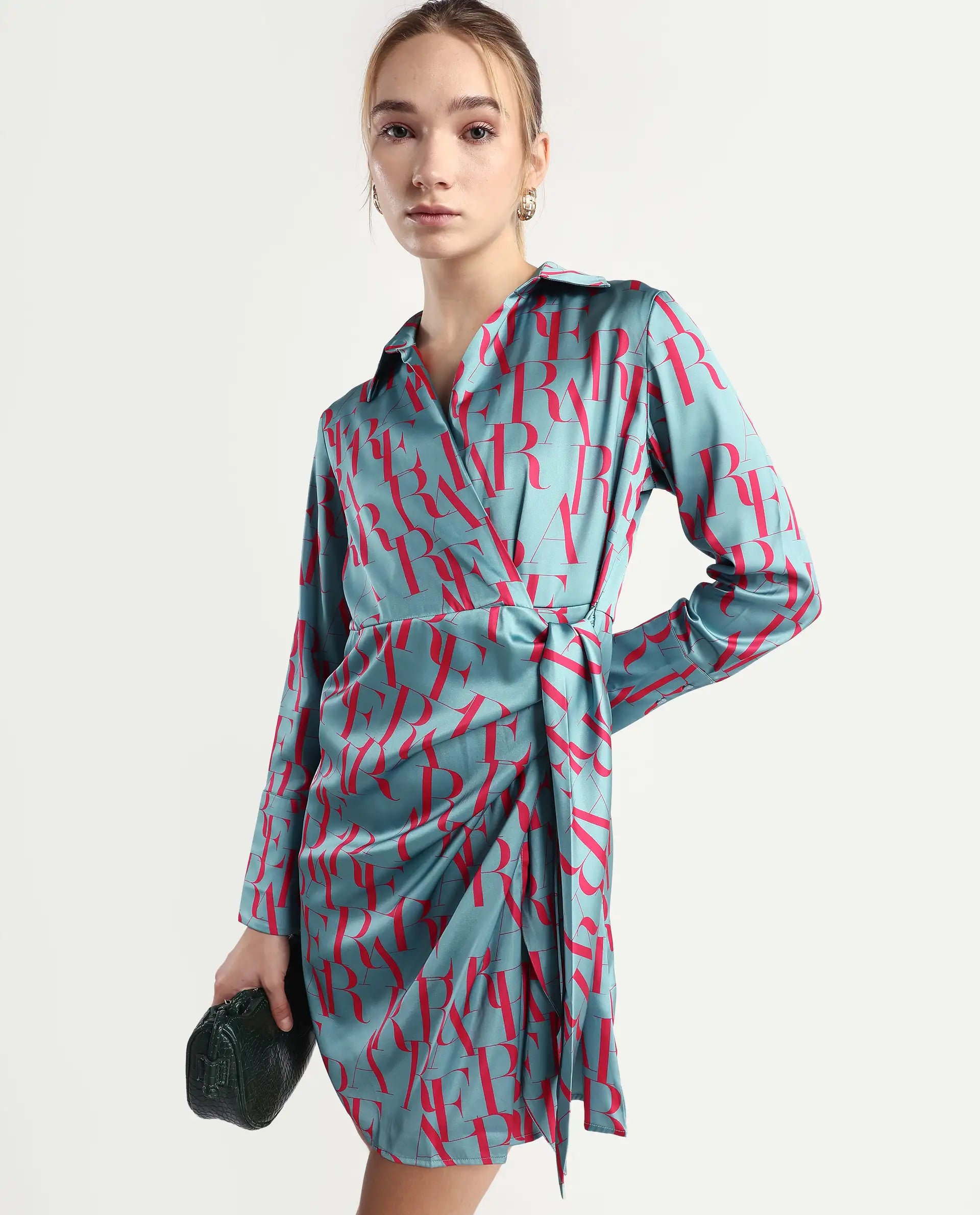 Buy Utklala - Green Monogram Print Mini Dress| Rareism Buy Utklala - Green Monogram Print Mini Dress| Rareism