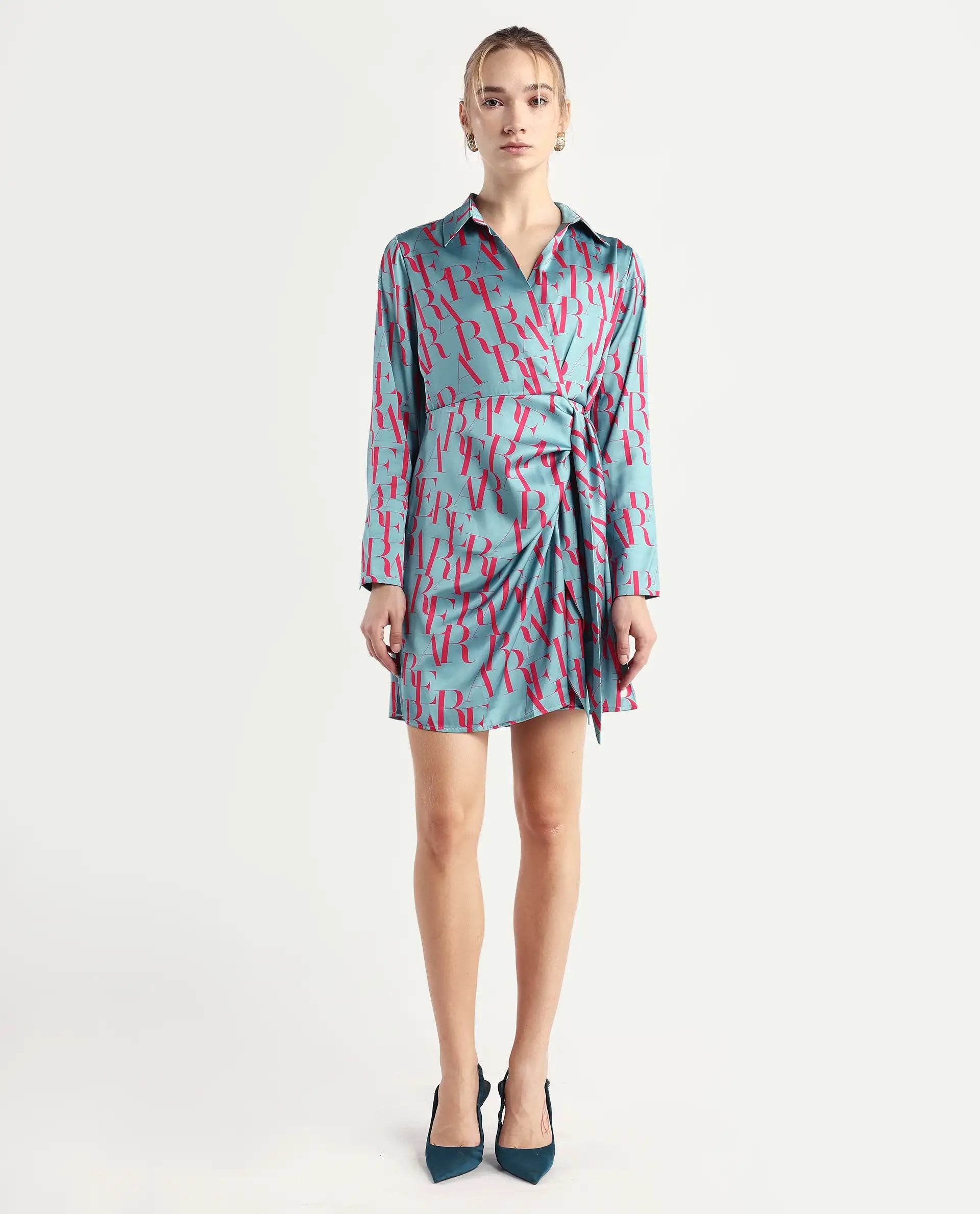 Rareism Women's Utklala Green Polyester Overlap Neck Monogram Print Cuffed Sleeve Mini Wrap Dress