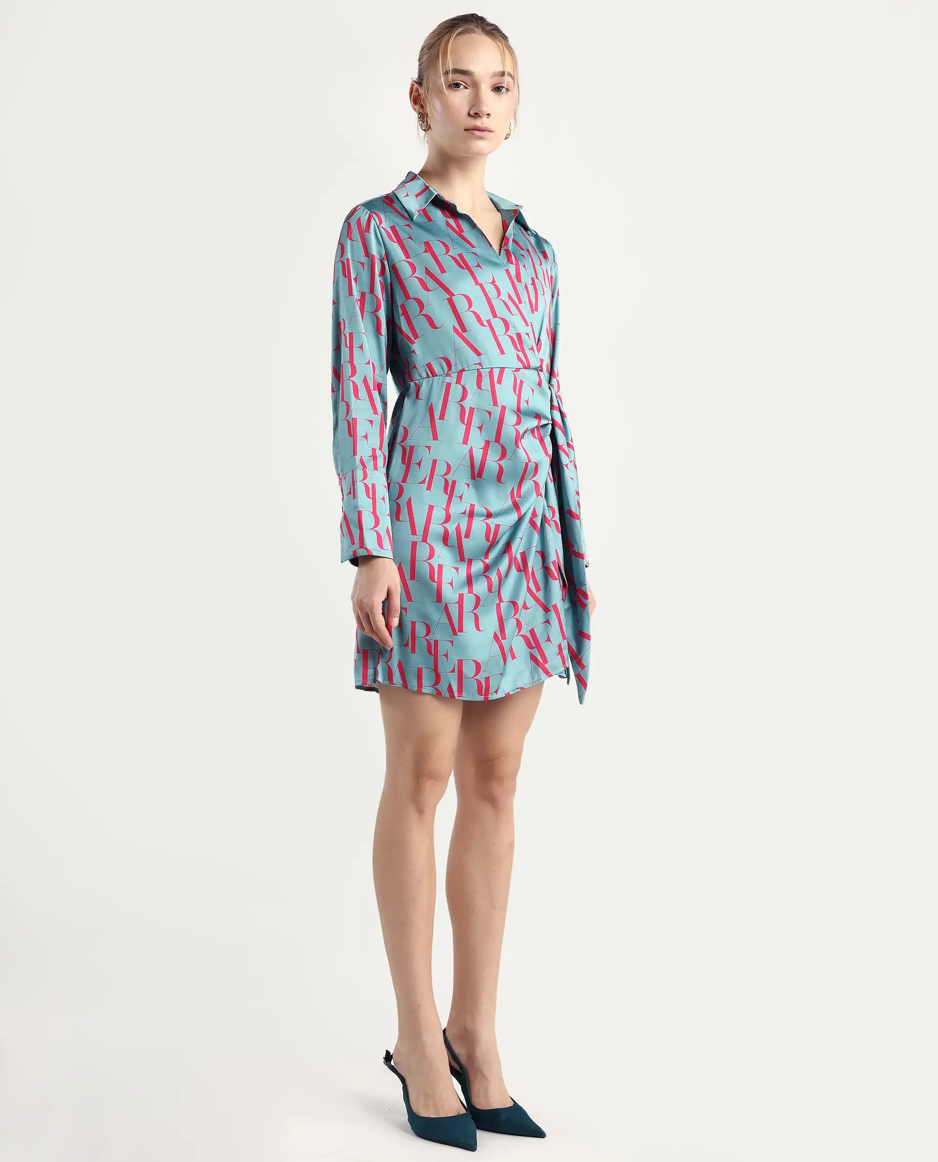 Rareism Women's Utklala Green Polyester Overlap Neck Monogram Print Cuffed Sleeve Mini Wrap Dress