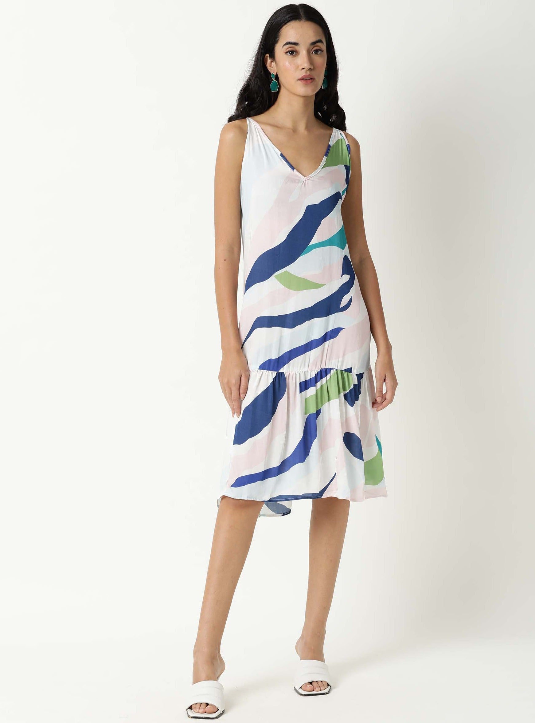 Rareism Womens Alan Off White Knee Length Dress Printed Modal Fabric Sleeveless