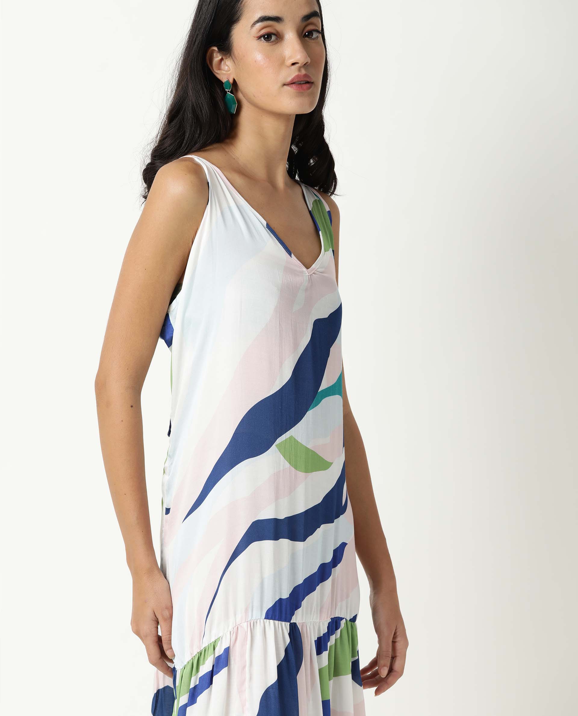 Rareism Womens Alan Off White Knee Length Dress Printed Modal Fabric Sleeveless