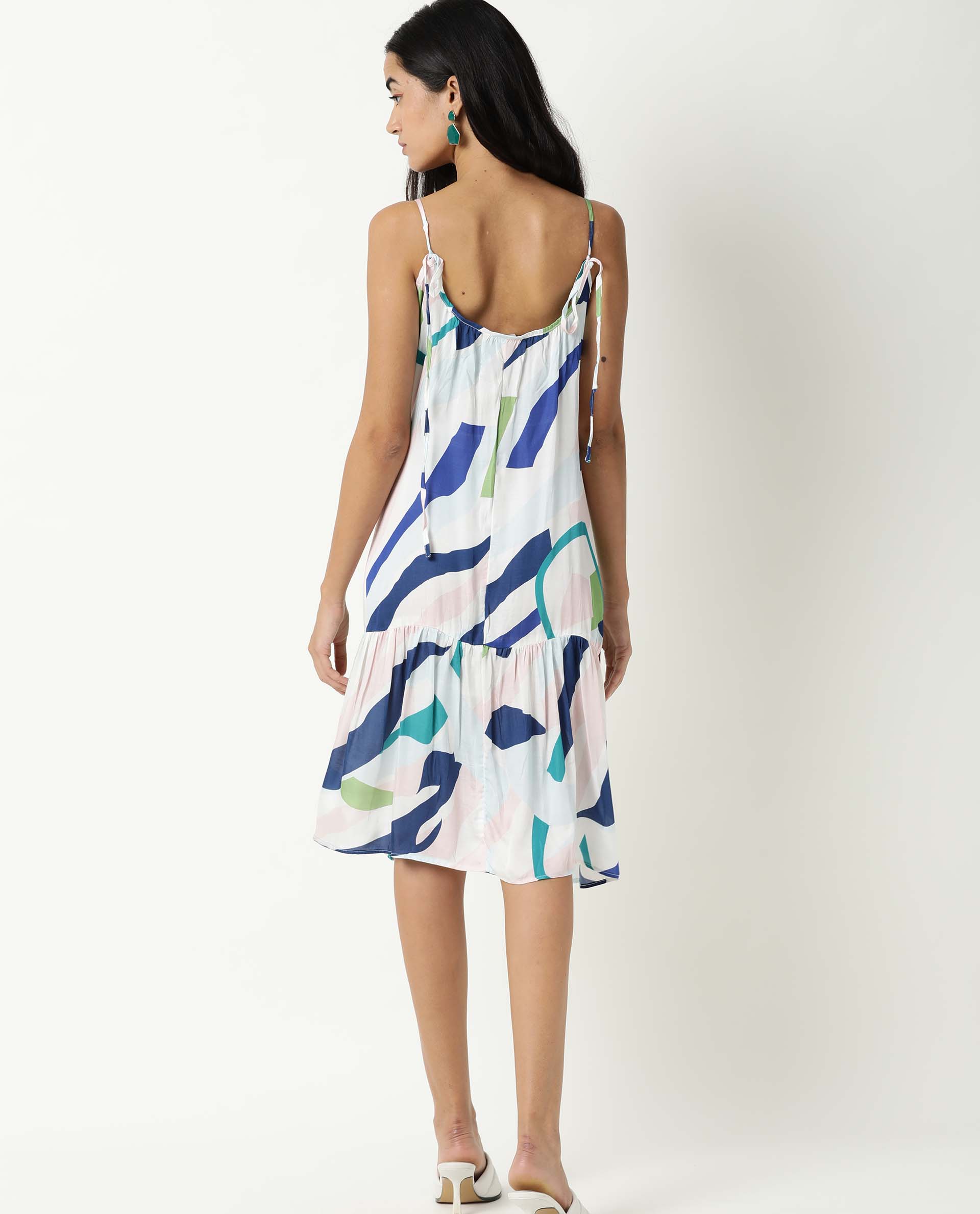 Rareism Womens Alan Off White Knee Length Dress Printed Modal Fabric Sleeveless