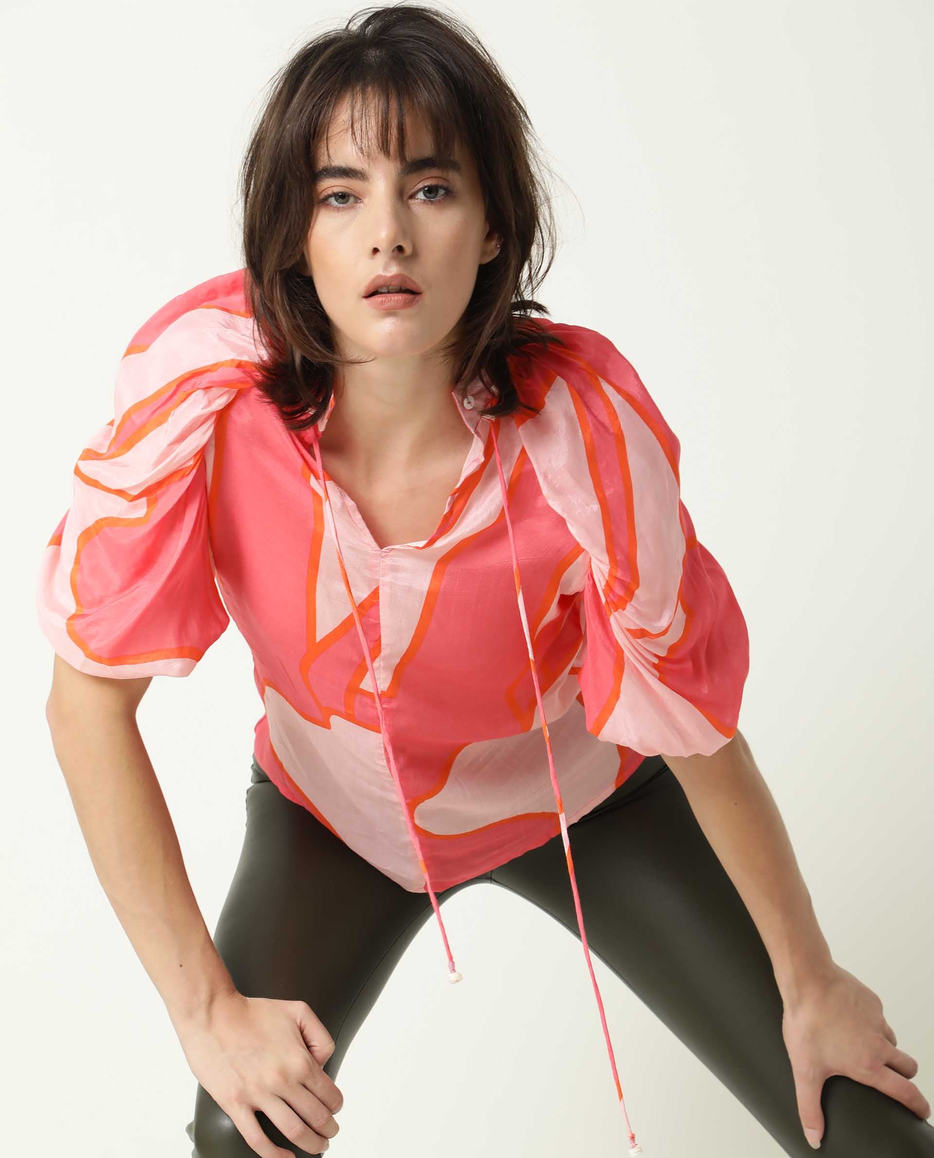 Rareism Women Theos Pink Cotton Silk Fabric Flared V-Neck Half Sleeves Abstract Print Top