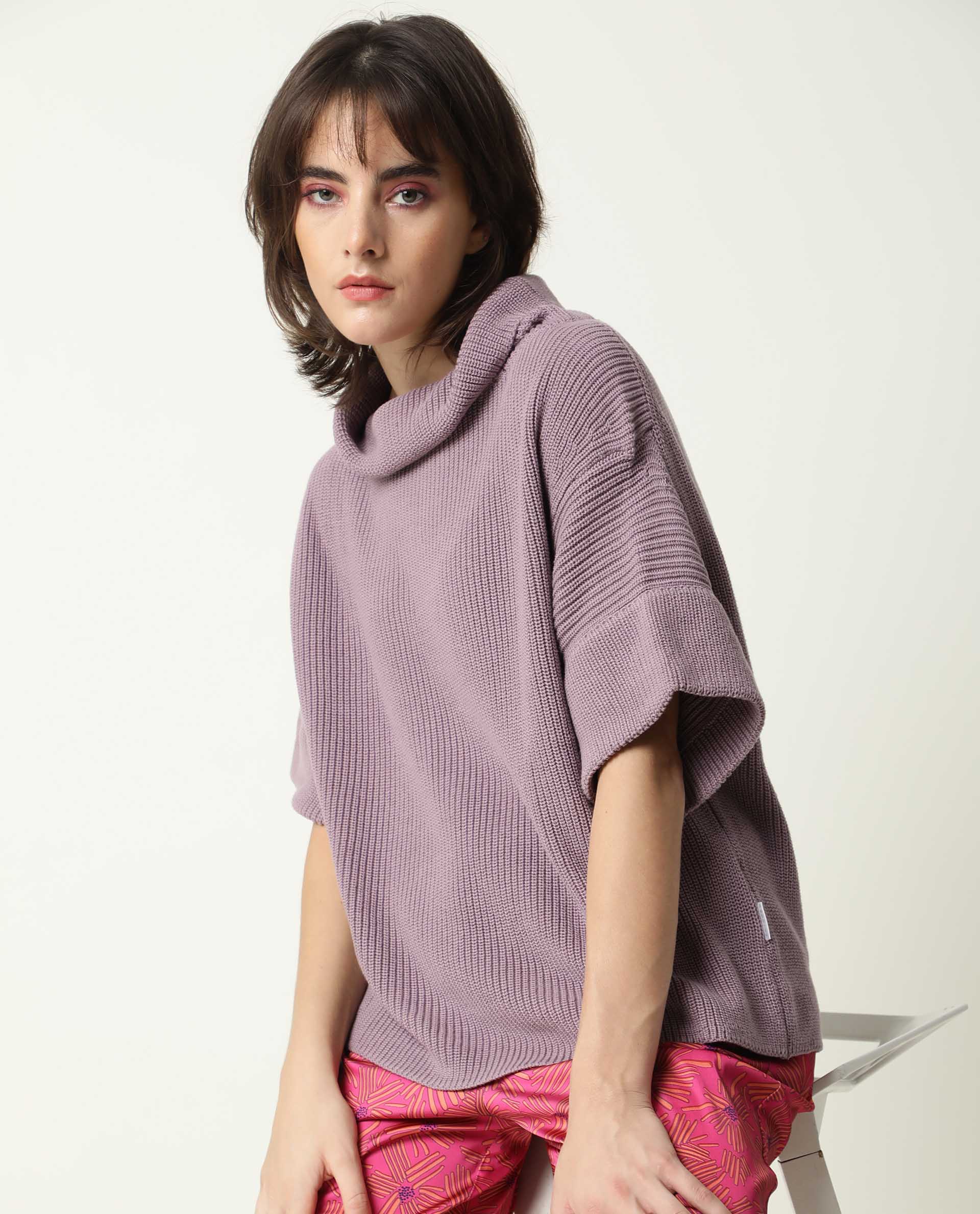 Rareism Women Daffy Purple Cotton Fabric Half Sleeves Relaxed Fit Solid Cowl Neck Sweater