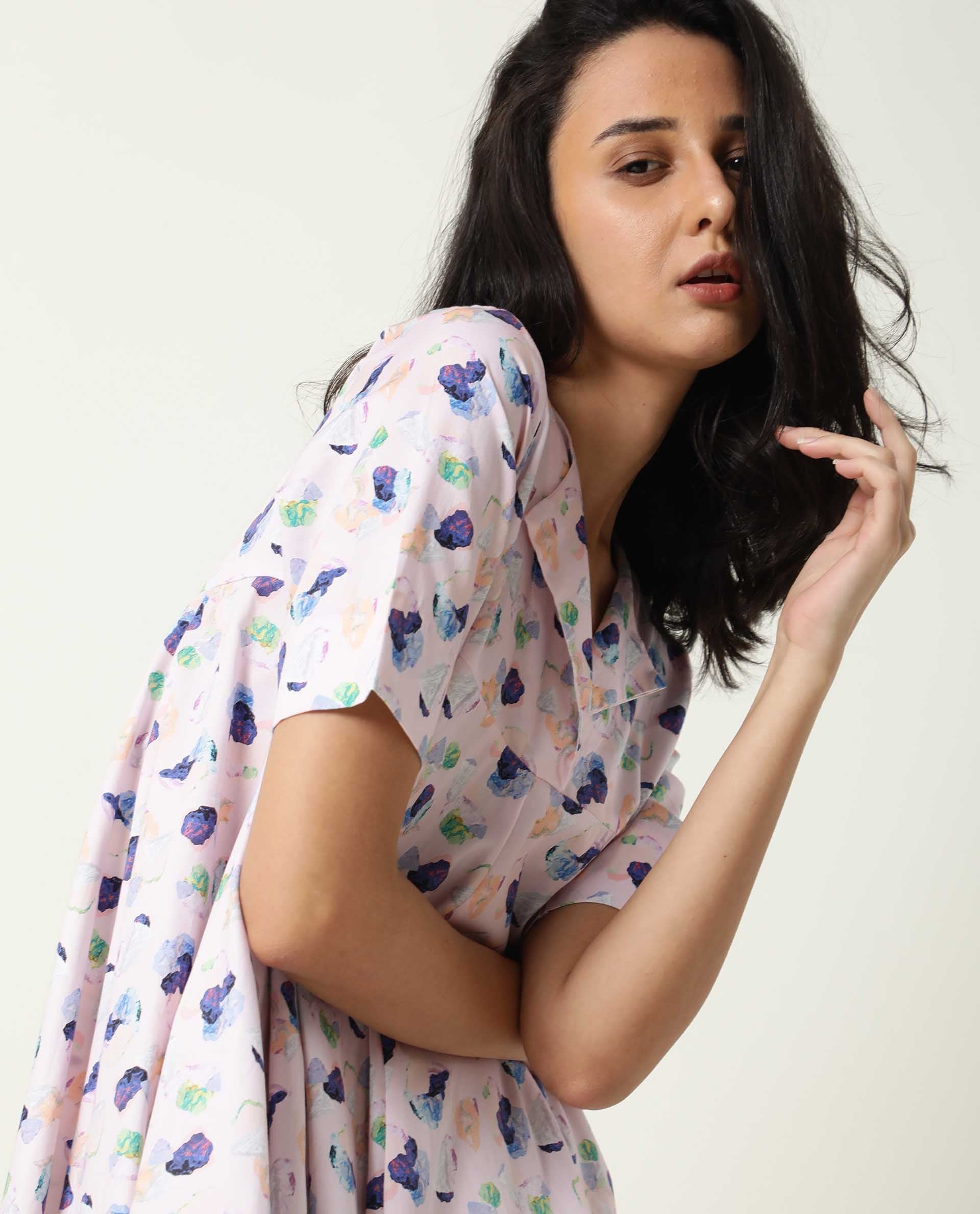 Rareism Women Allia Pink Printed Overlap Lapel Collar Short Sleeves Flared Mini Dress