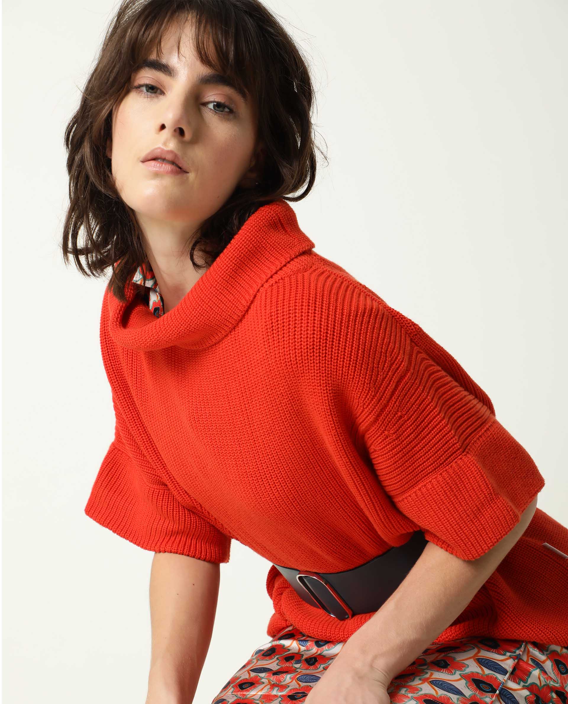 Rareism Women Daffy Orange Cotton Fabric Half Sleeves Relaxed Fit Solid Cowl Neck Sweater