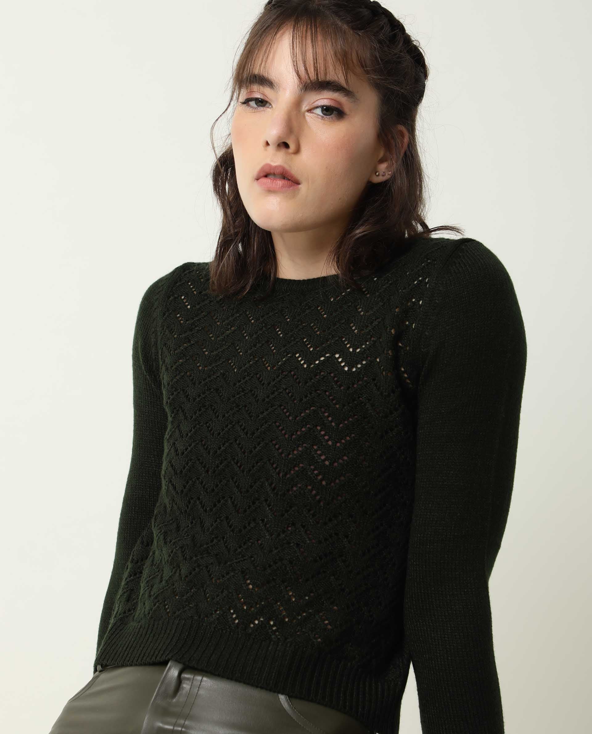 Rareism Women Sami Olive Acrylic Fabric Full Sleeves Slim Fit Solid Round Neck Sweater