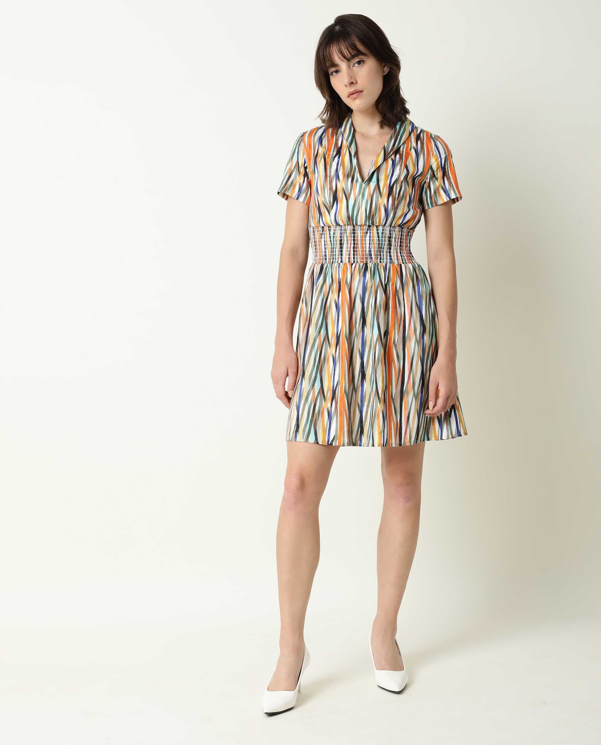 Rareism Women Shallom Multi Abstract V Neck Overlap Collar Short Sleeves Elastic Waist Band Mini Dress