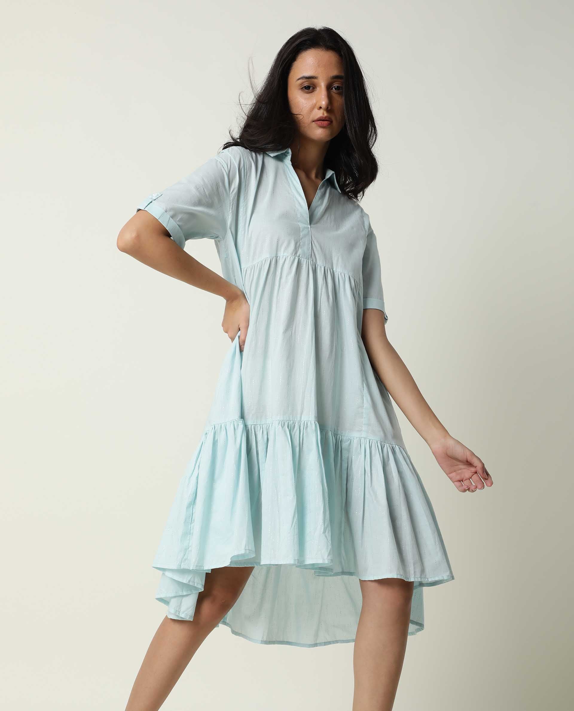 Rareism Women Loaf Light Turq Collared Neck Short Sleeves With Pocket Tiered Knee Length Dress