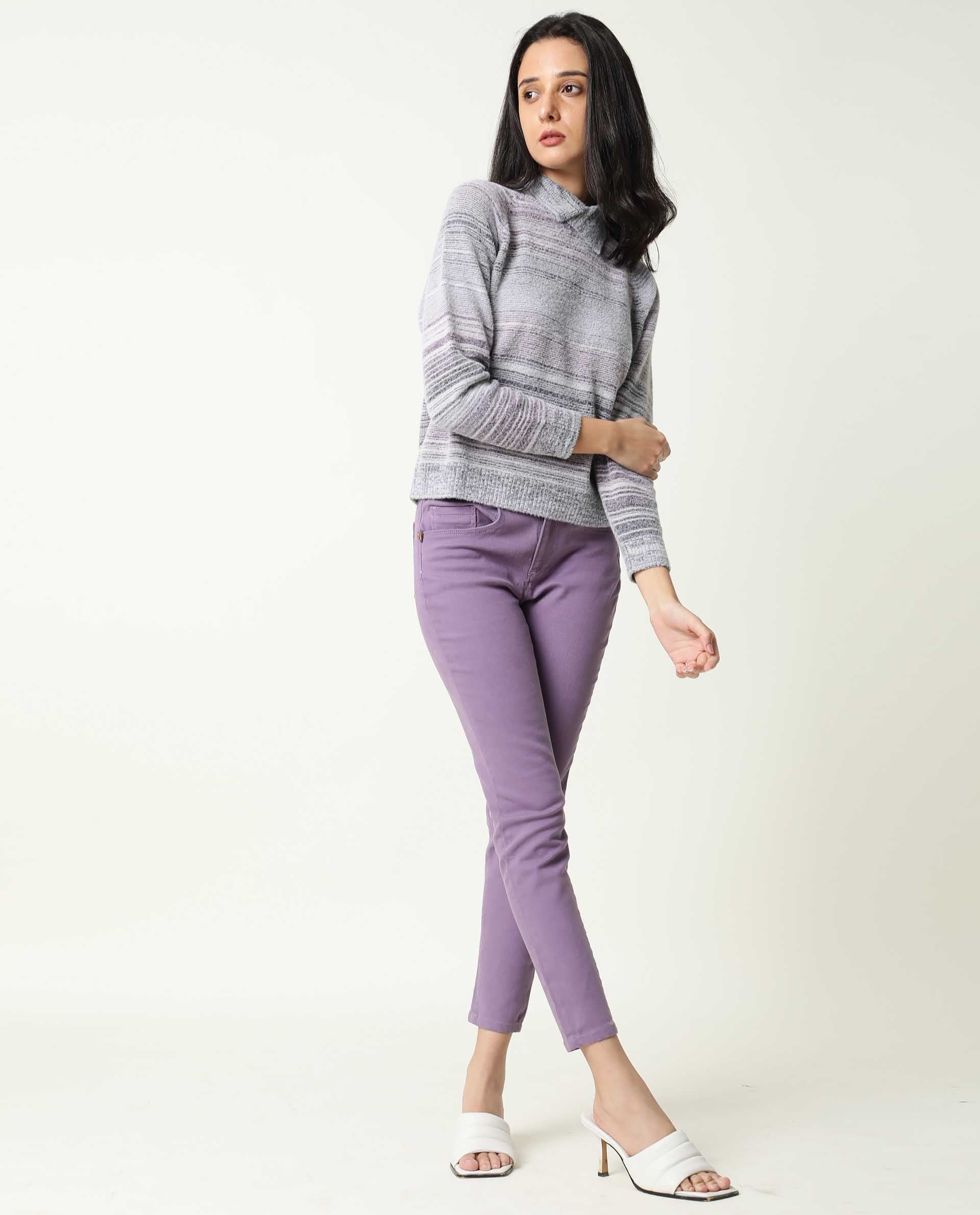 Rareism Women Rosalva Melange Grey Nylon Fabric Full Sleeves Knee Length Regular Fit Ombre High Neck Sweater