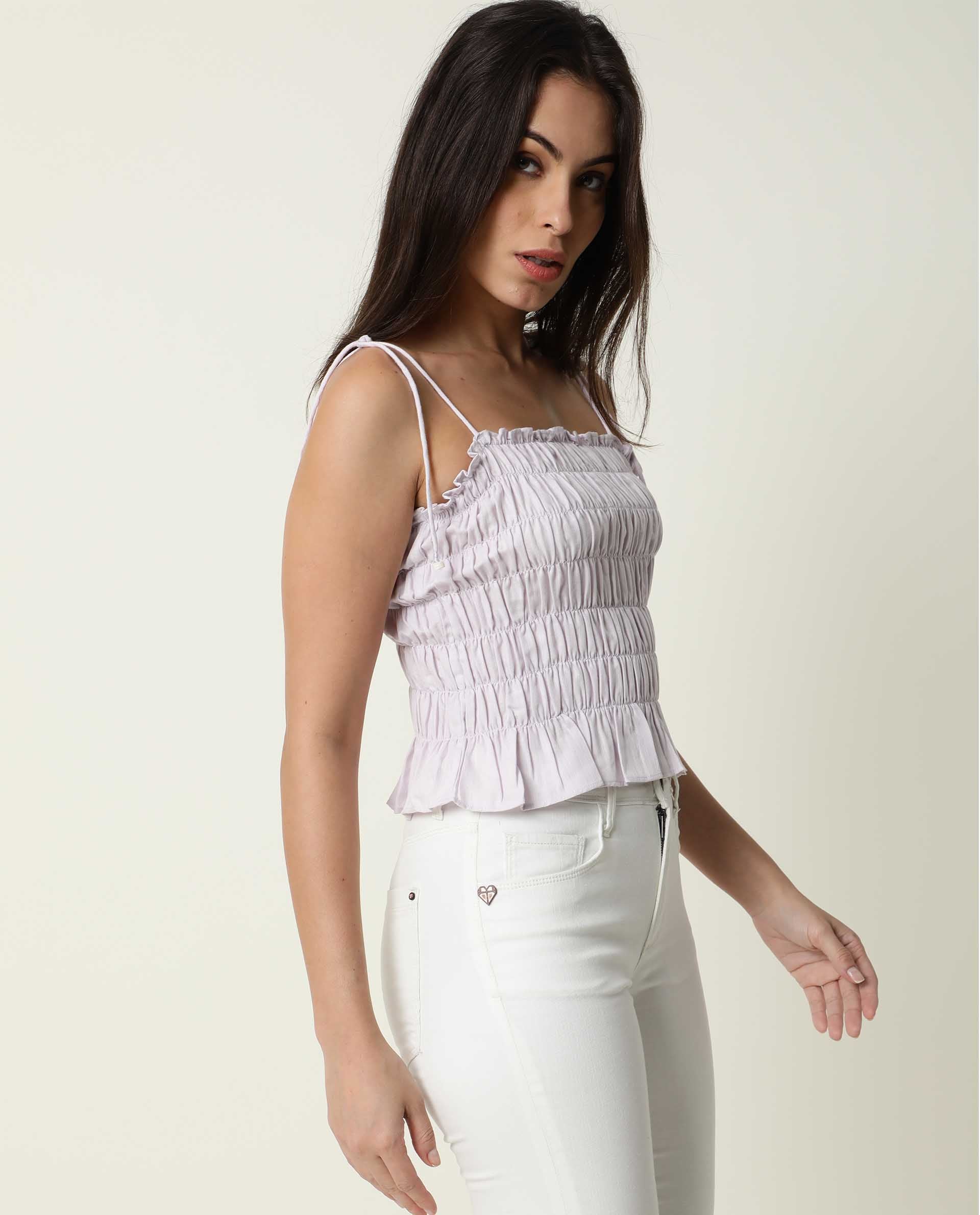 Rareism Womens Mappy Lilac Top Cotton Linen Fabric  Sleeveless Square Neck