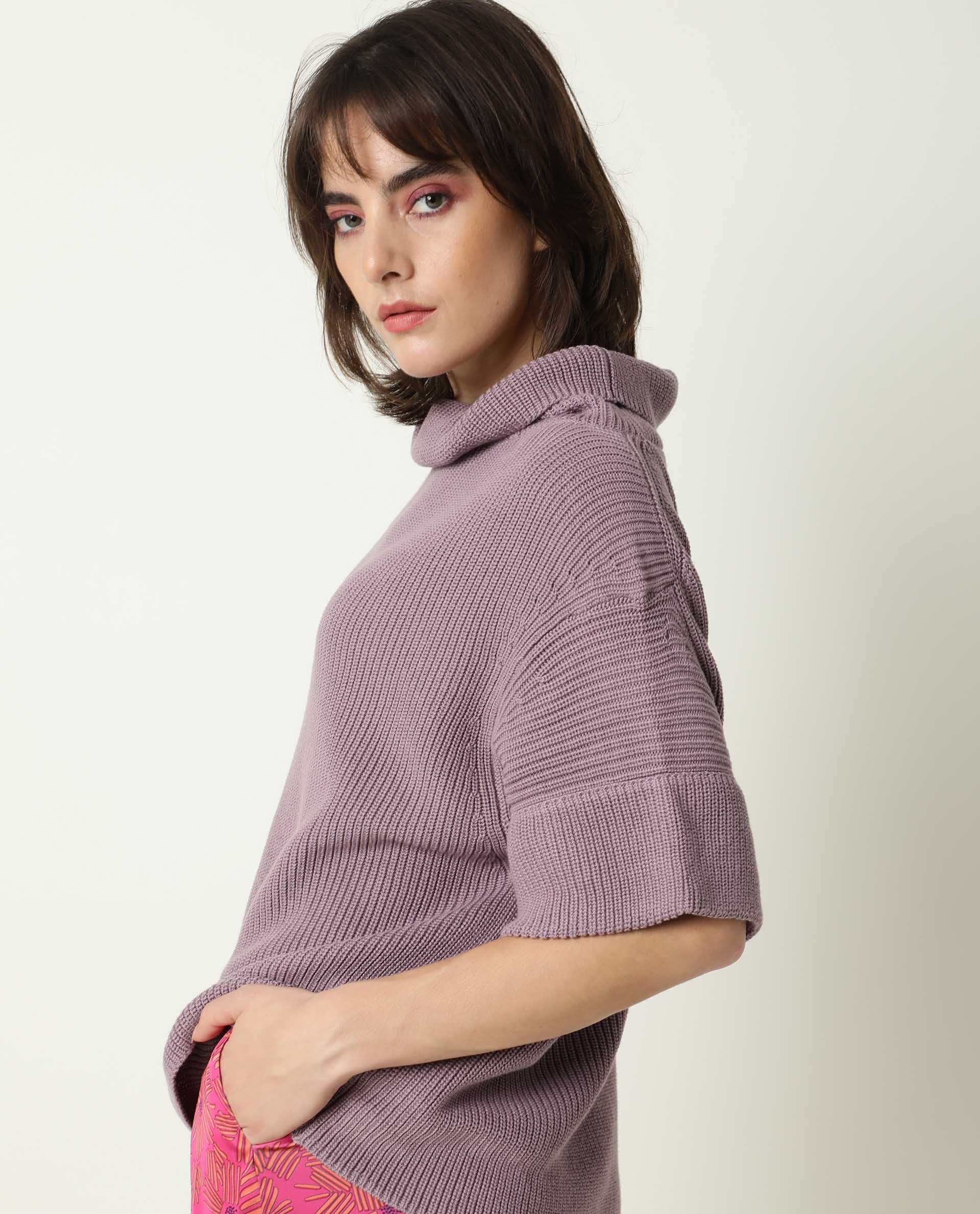Rareism Women Daffy Purple Cotton Fabric Half Sleeves Relaxed Fit Solid Cowl Neck Sweater