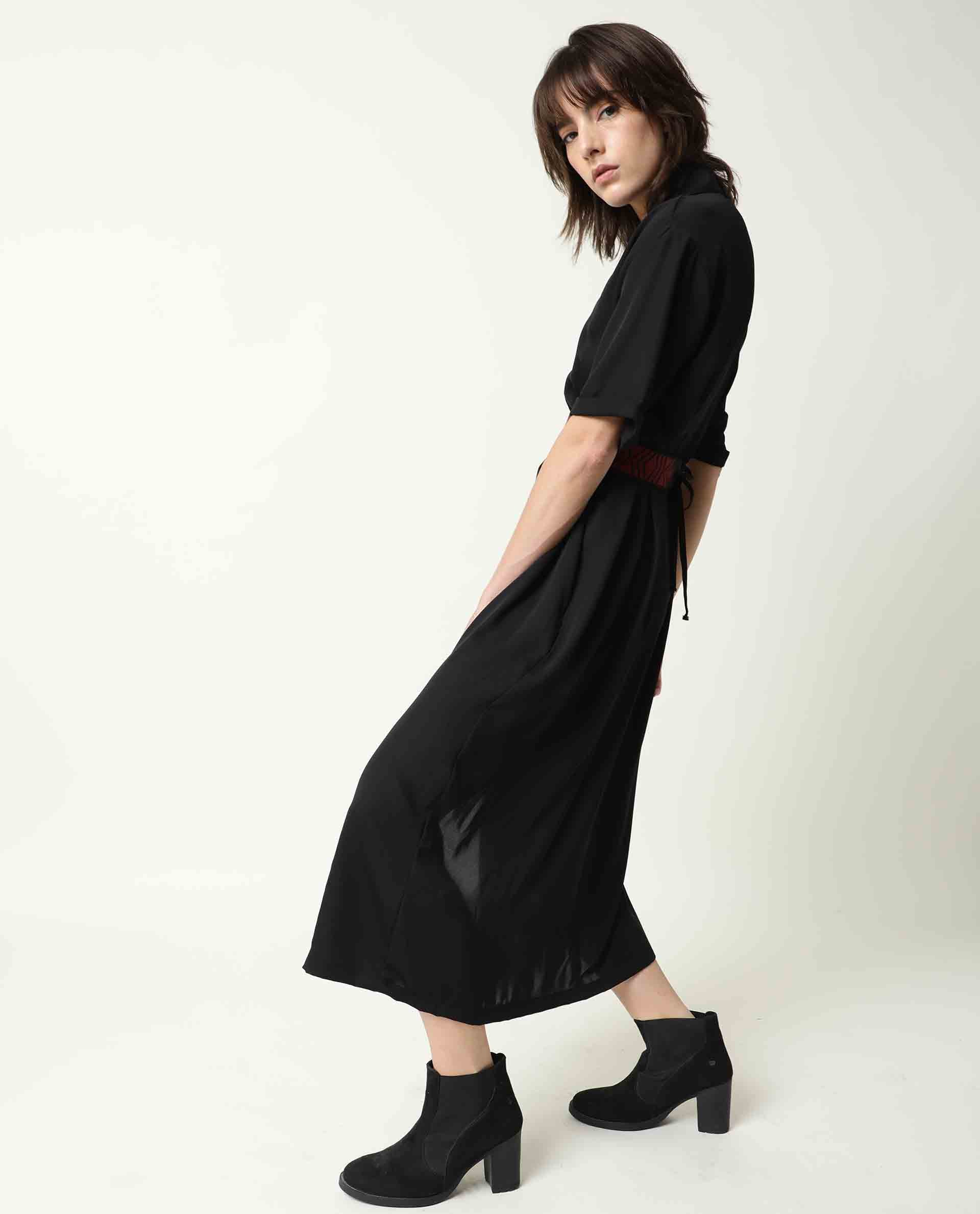 Rareism Women Shroff Black Shirt Collar Short Sleeves Front Full Button Placket With Pockets Midi Dress