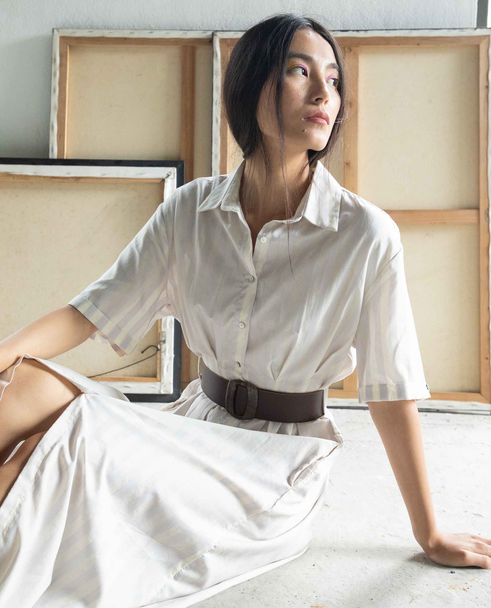 Rareism Women Paris Yellow Shirt Collar Half Sleeves Front Placket Button Closure With Fabric Waist Belt Midi Dress