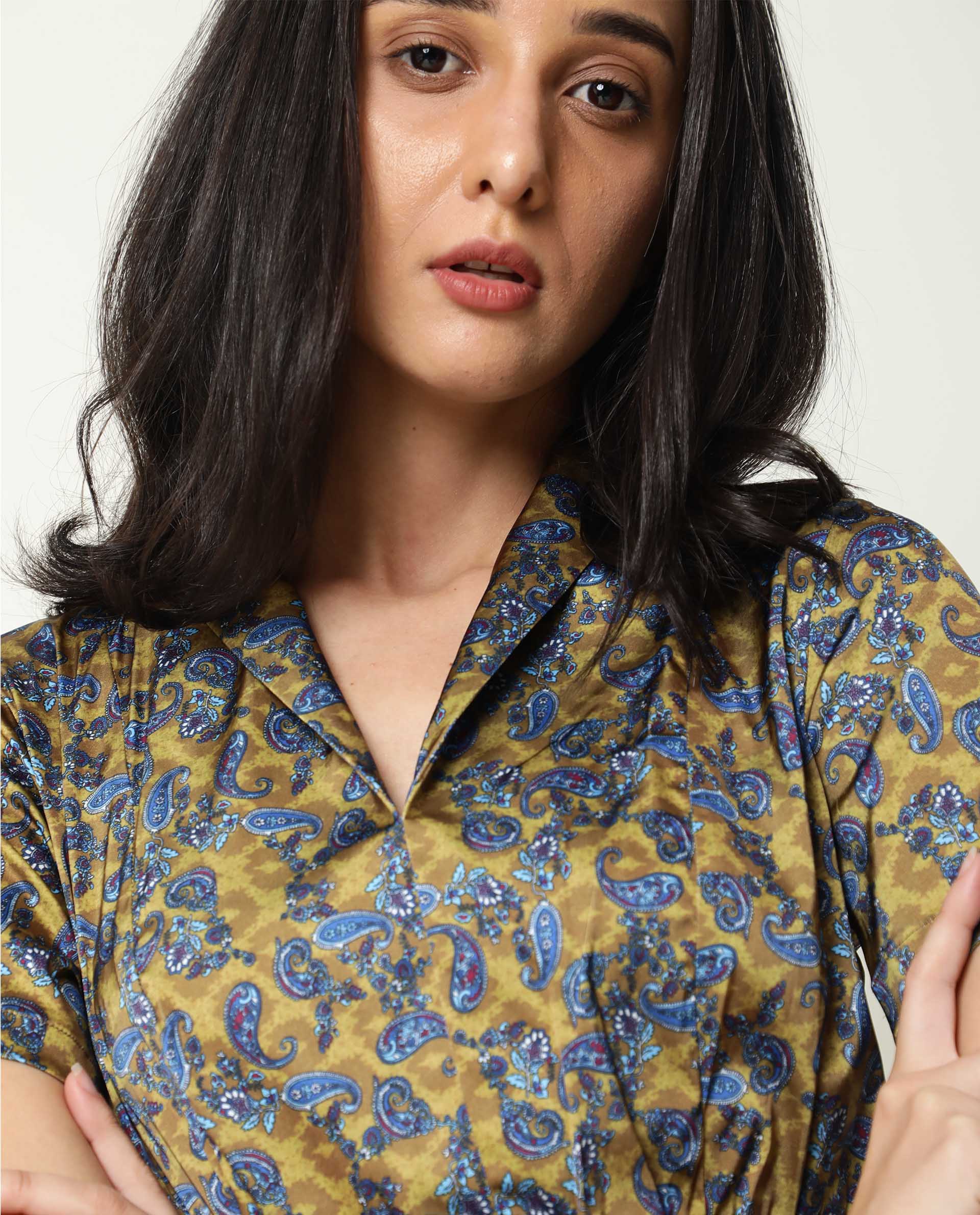 Rareism Women Joss Light Olive Paisley Print Overlap Lapel Collar Short Sleeves Smocked Elastic Waist Mini Dress