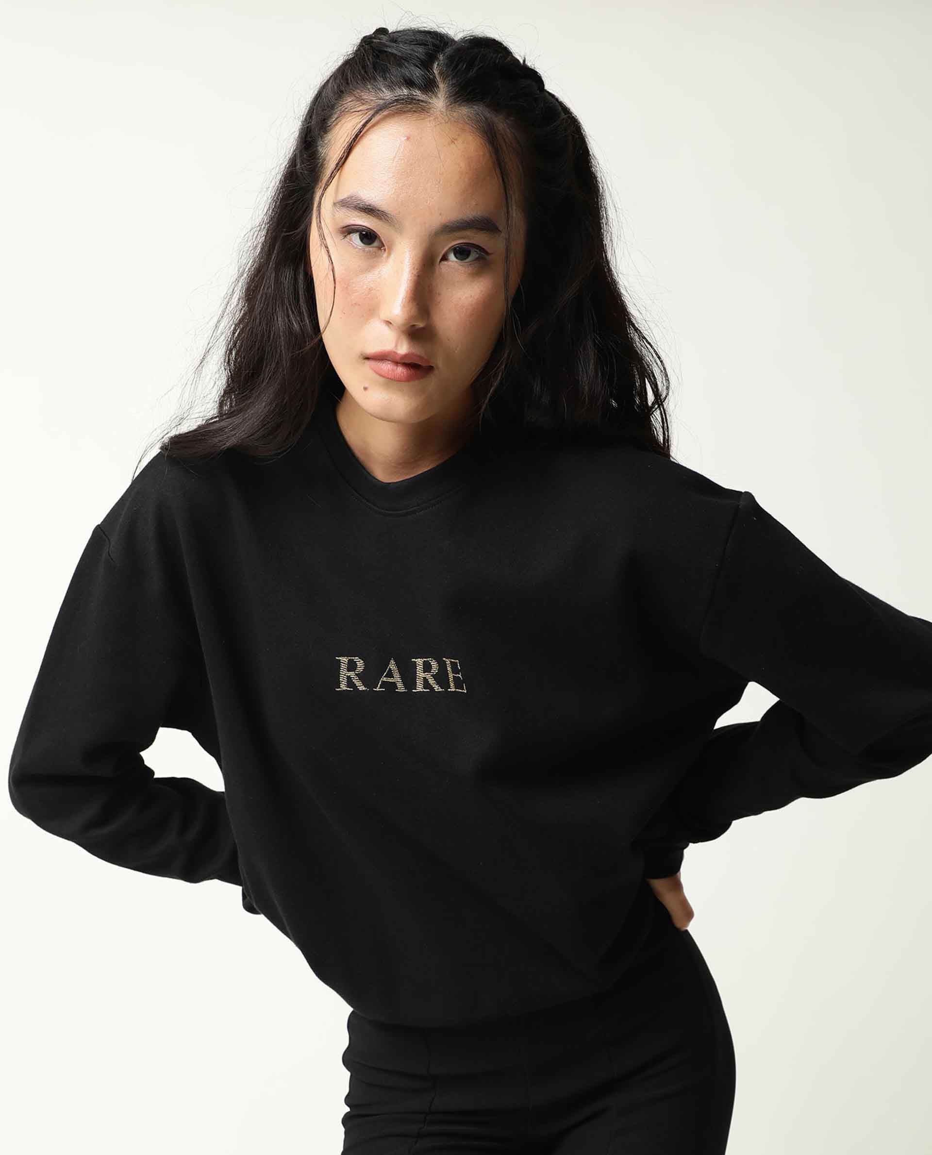 Rareism Womens Goldy Black Sweatshirt Crew Neck Full Sleeve Cotton Blend Fabric Relaxed Fit
