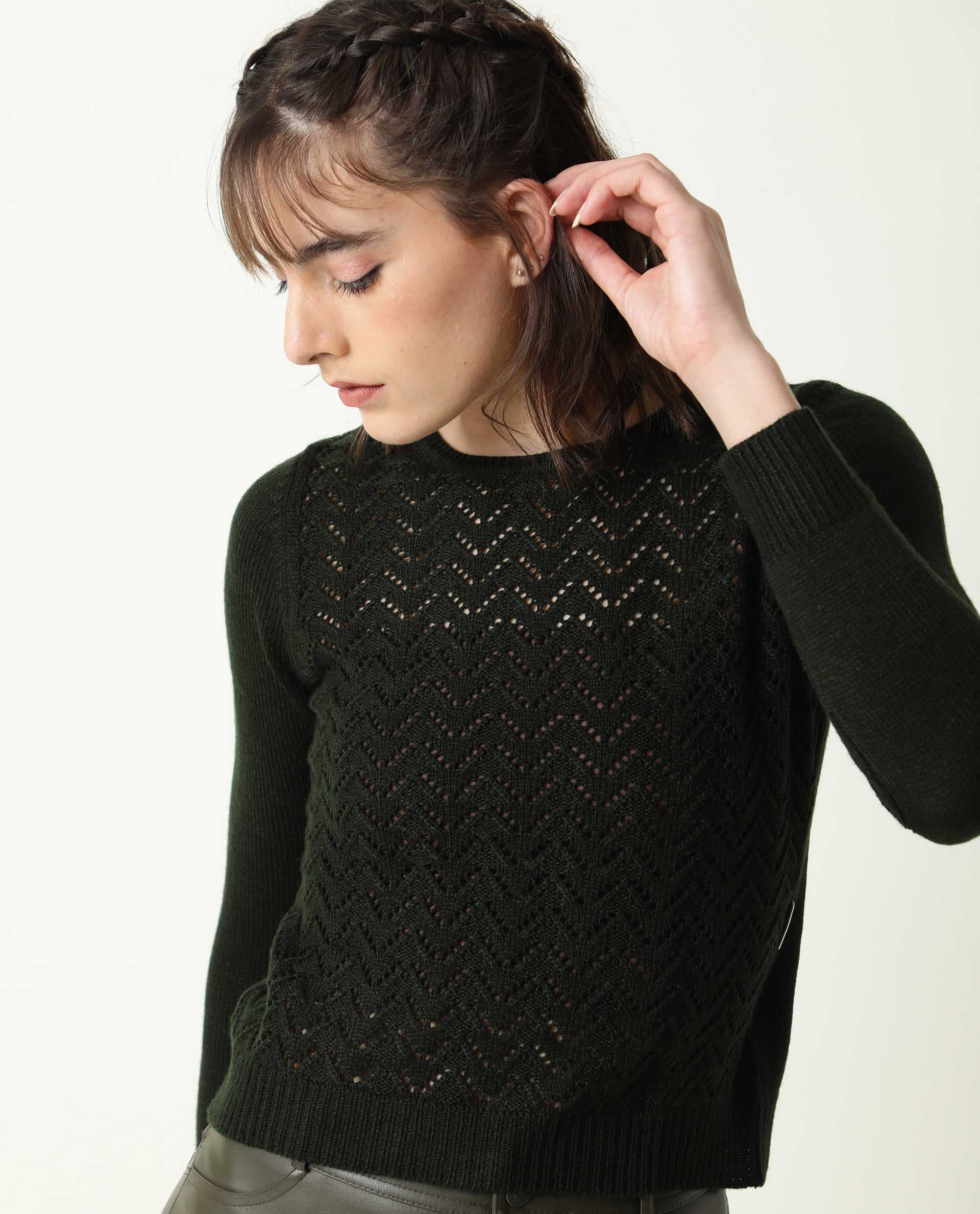 Rareism Women Sami Olive Acrylic Fabric Full Sleeves Slim Fit Solid Round Neck Sweater