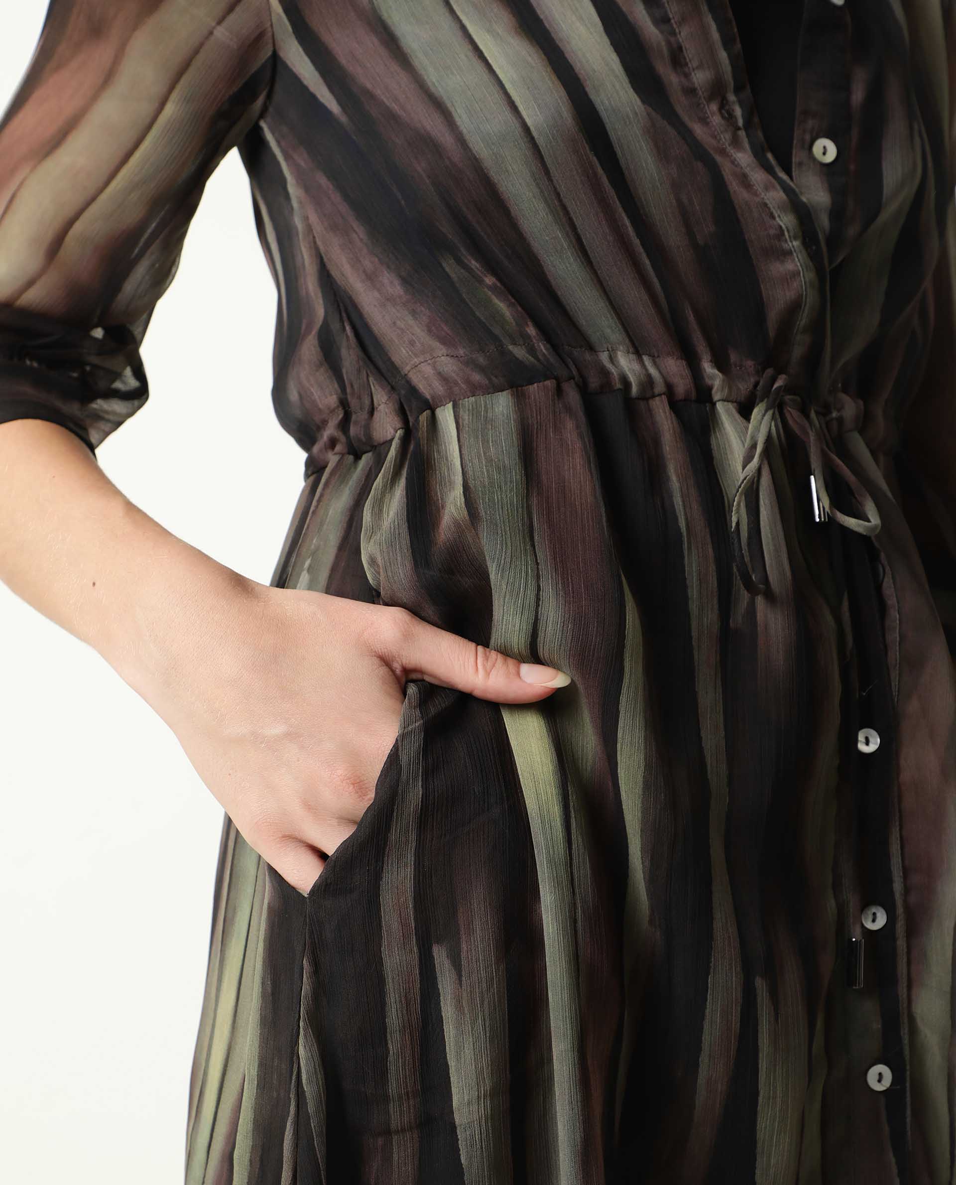 Rareism Women Klepto Green Striped Shirt Collar Half Sleeves With Front Full Button Closure Placket And Pocket Midi Dress