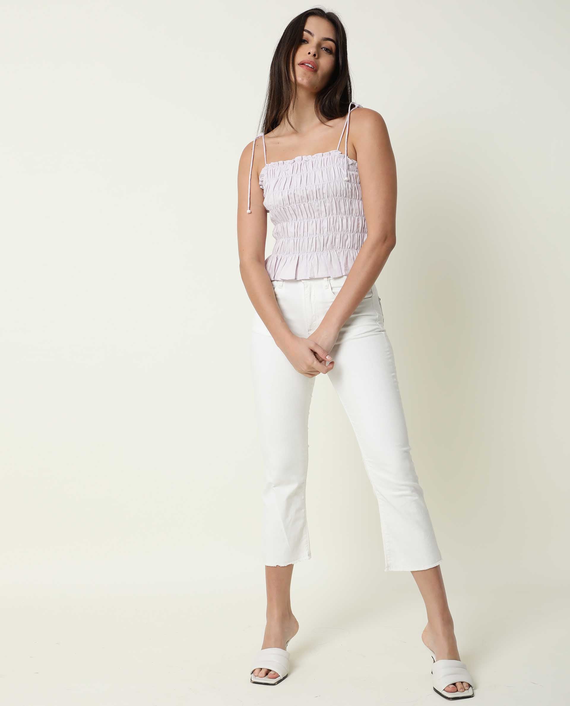 Rareism Womens Mappy Lilac Top Cotton Linen Fabric  Sleeveless Square Neck