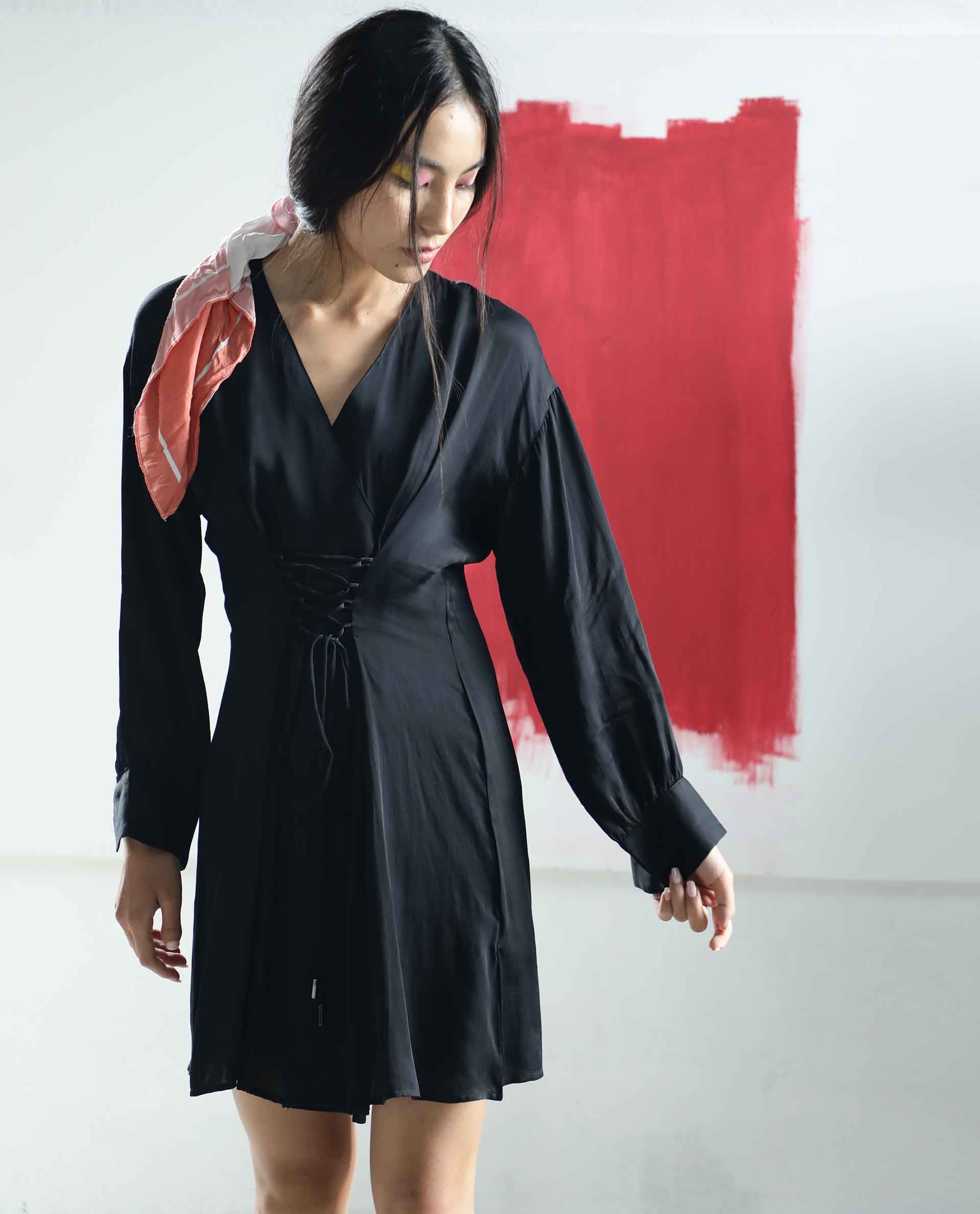 Rareism Women Lactose Black V Neck Full Sleeves Waist Criss Cross Tie Up Mini Dress