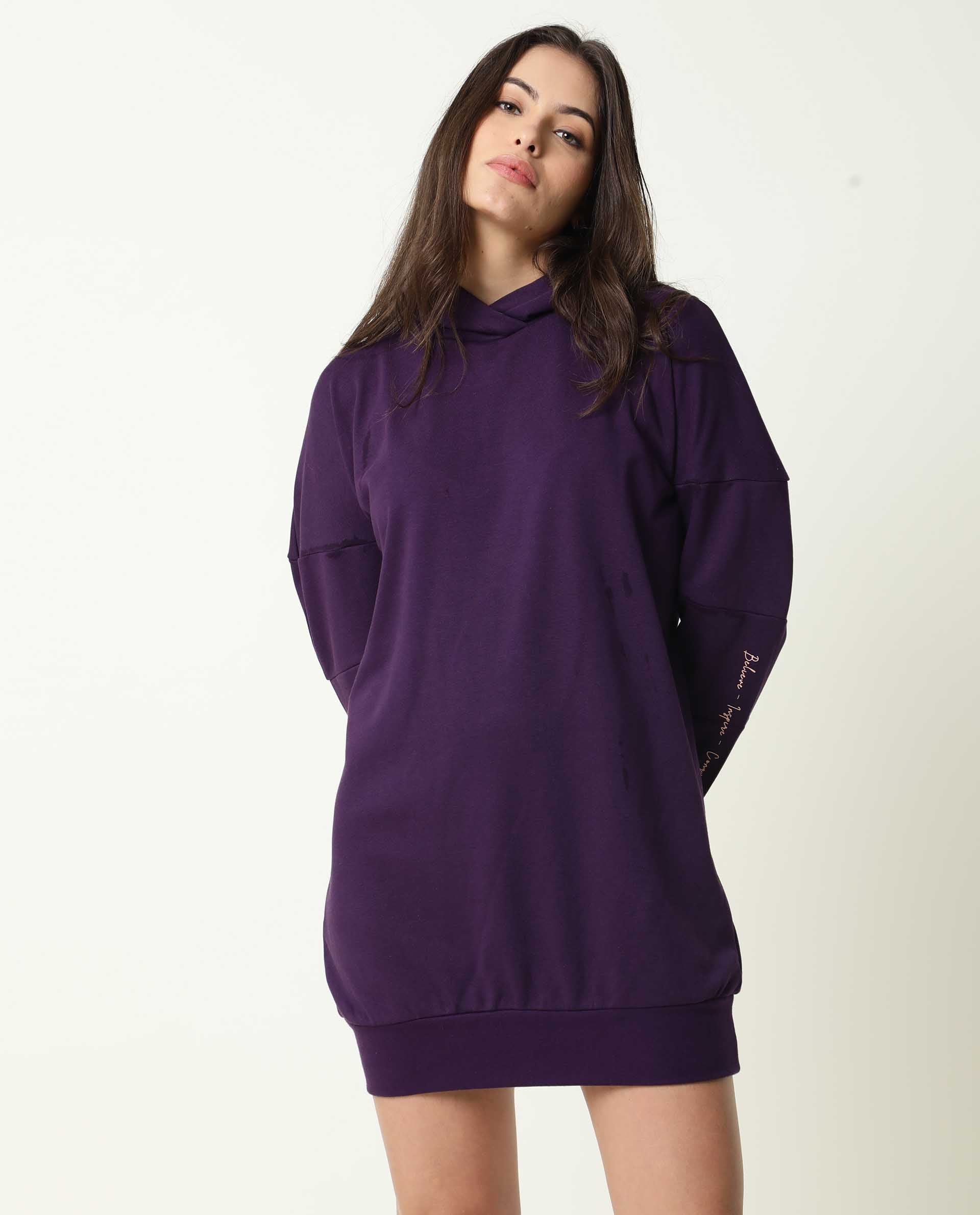 Rareism Women Owes Purple Cotton Fabric Regular Fit Full Sleeves Solid Hooded Sweatshirt