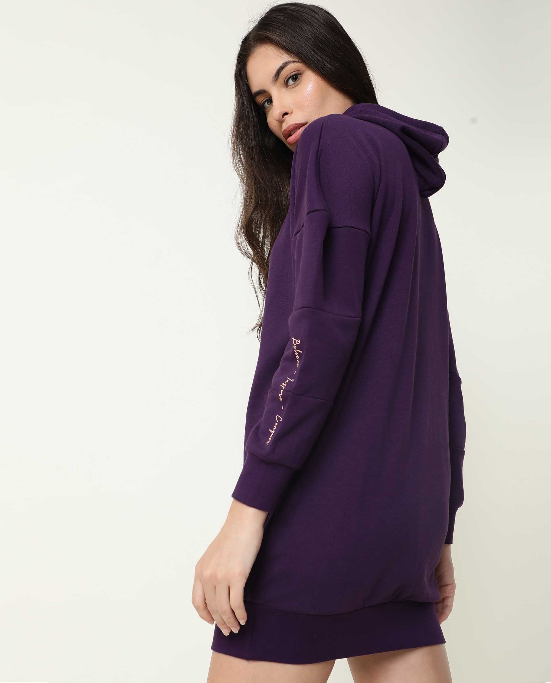 Rareism Women Owes Purple Cotton Fabric Regular Fit Full Sleeves Solid Hooded Sweatshirt