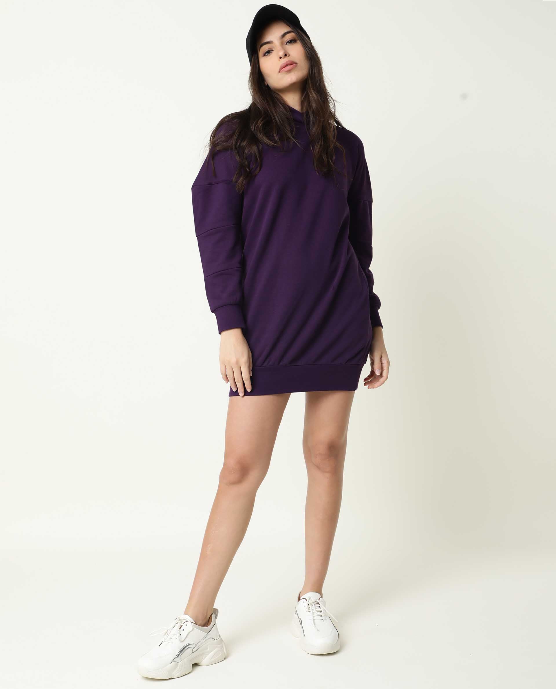 Rareism Women Owes Purple Cotton Fabric Regular Fit Full Sleeves Solid Hooded Sweatshirt