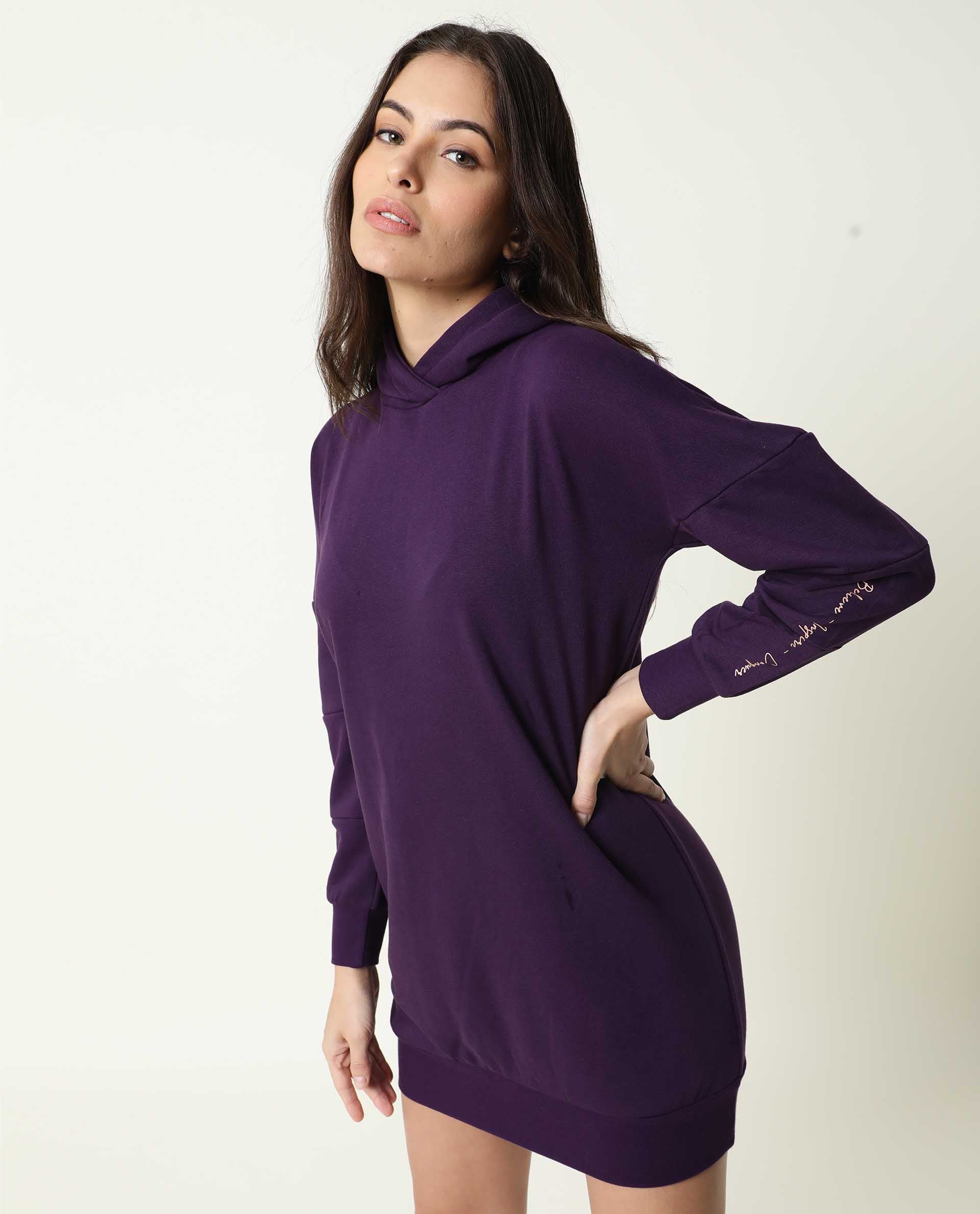 Rareism Women Owes Purple Cotton Fabric Regular Fit Full Sleeves Solid Hooded Sweatshirt