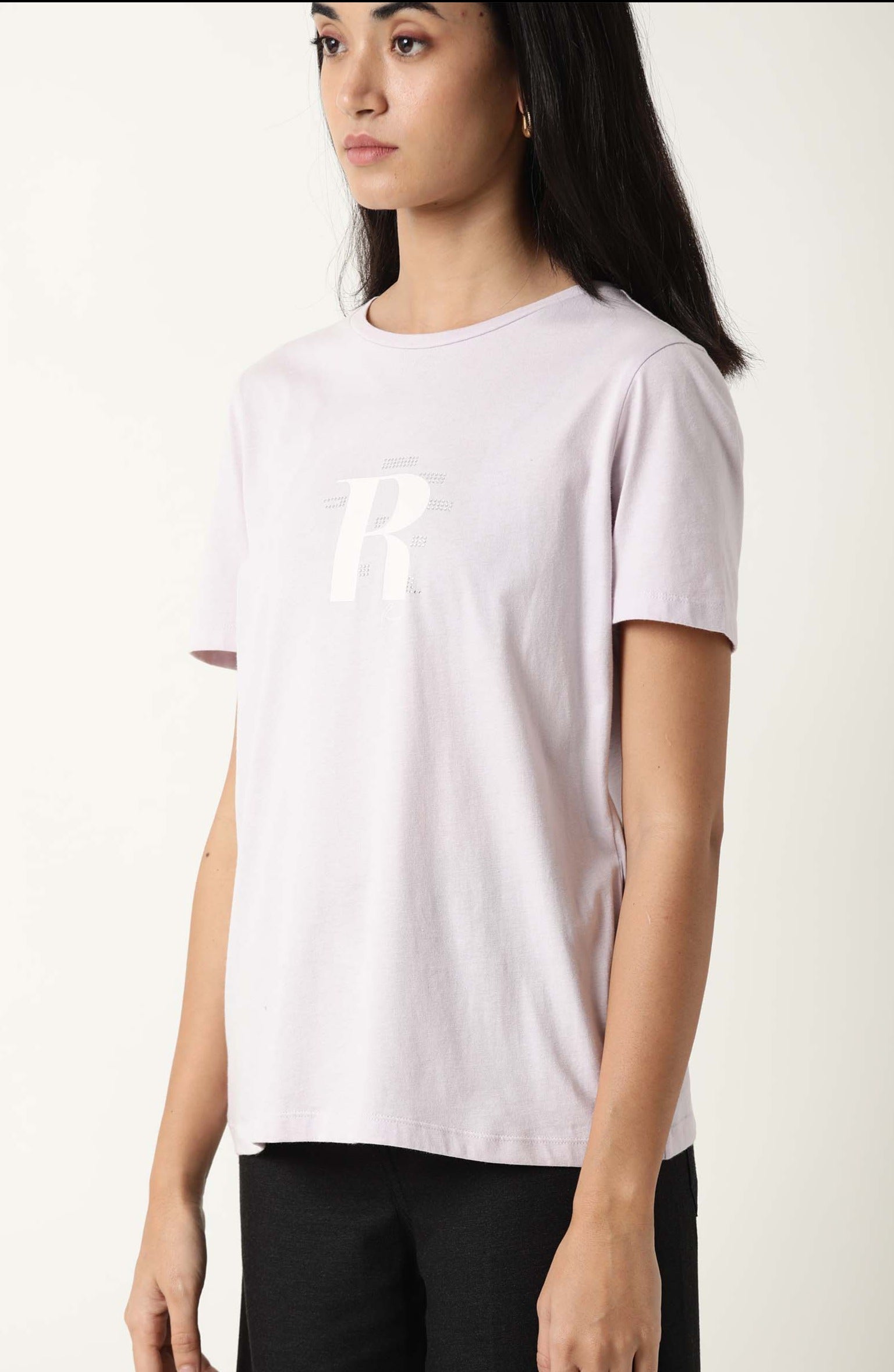 Rareism Women Moes Pastel Purple Cotton Fabric Regular Fit Half Sleeves Graphic Print Crew Neck T-Shirt