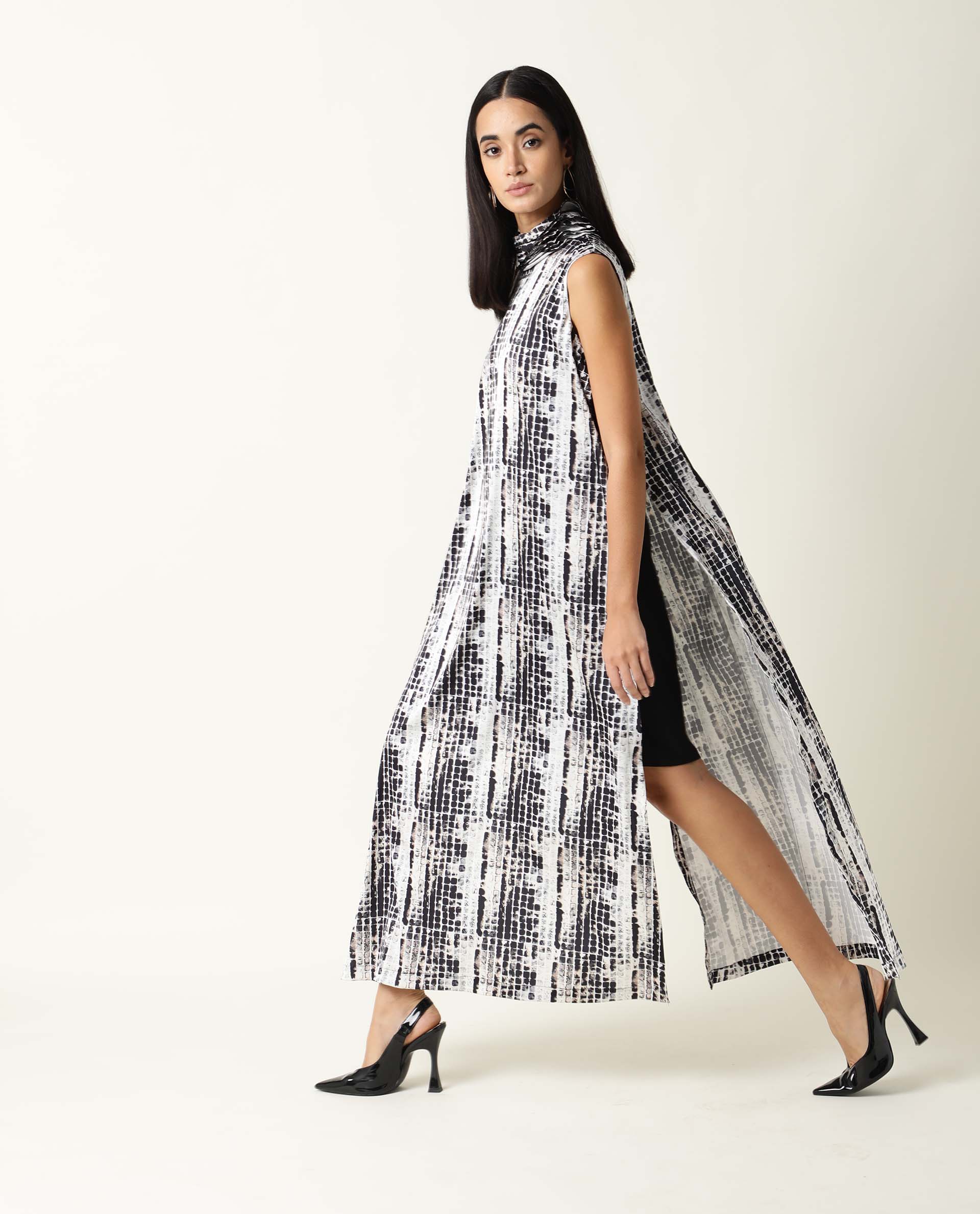 Rareism Women Pash Black Abstract Print High Neck Ruffled Collar Sleeveless With Full Side Slit Maxi Dress