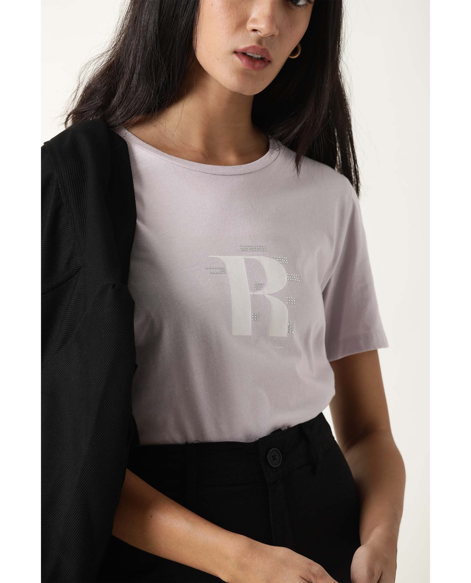 Rareism Women Moes Pastel Purple Cotton Fabric Regular Fit Half Sleeves Graphic Print Crew Neck T-Shirt