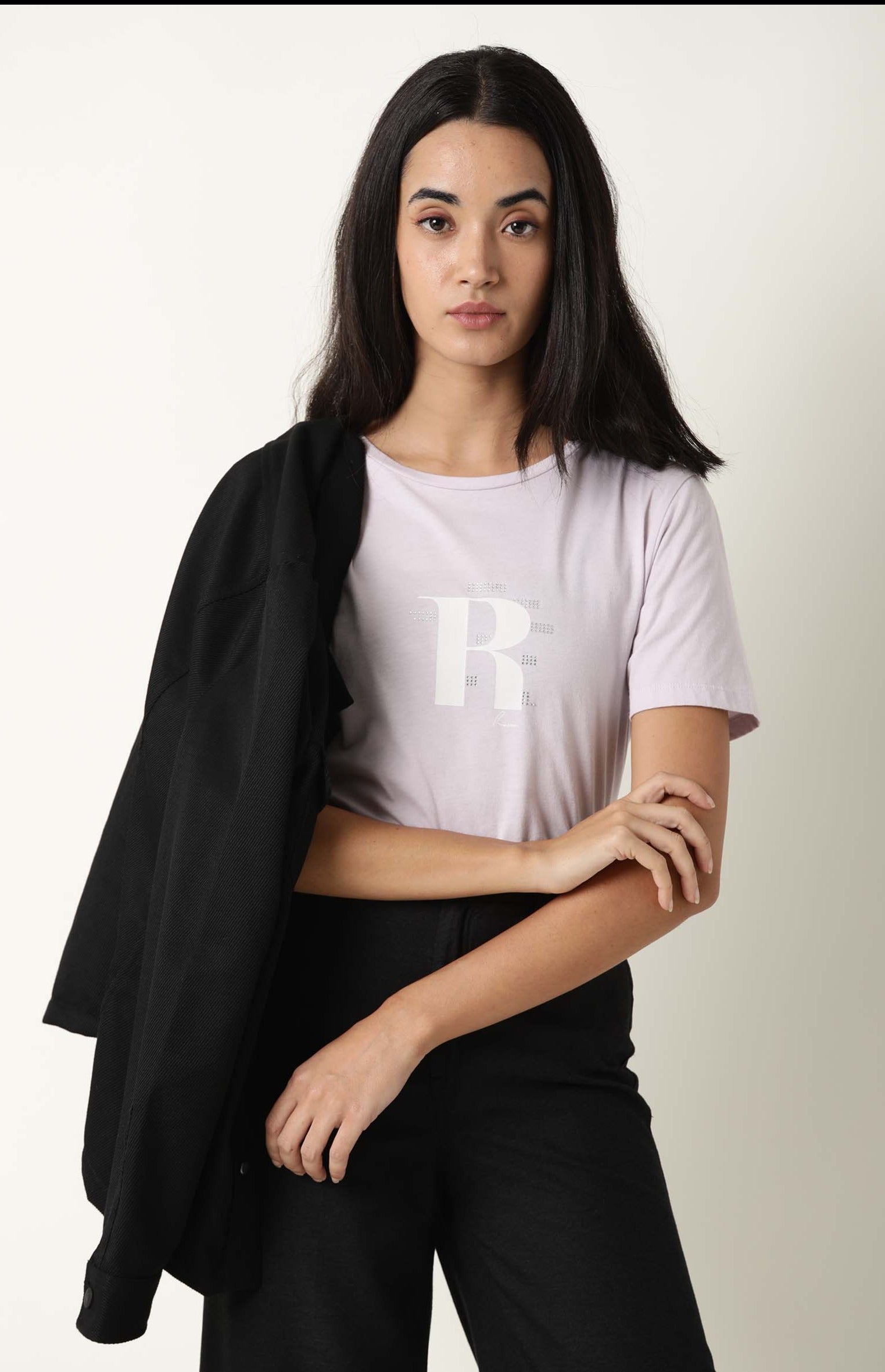 Rareism Women Moes Pastel Purple Cotton Fabric Regular Fit Half Sleeves Graphic Print Crew Neck T-Shirt