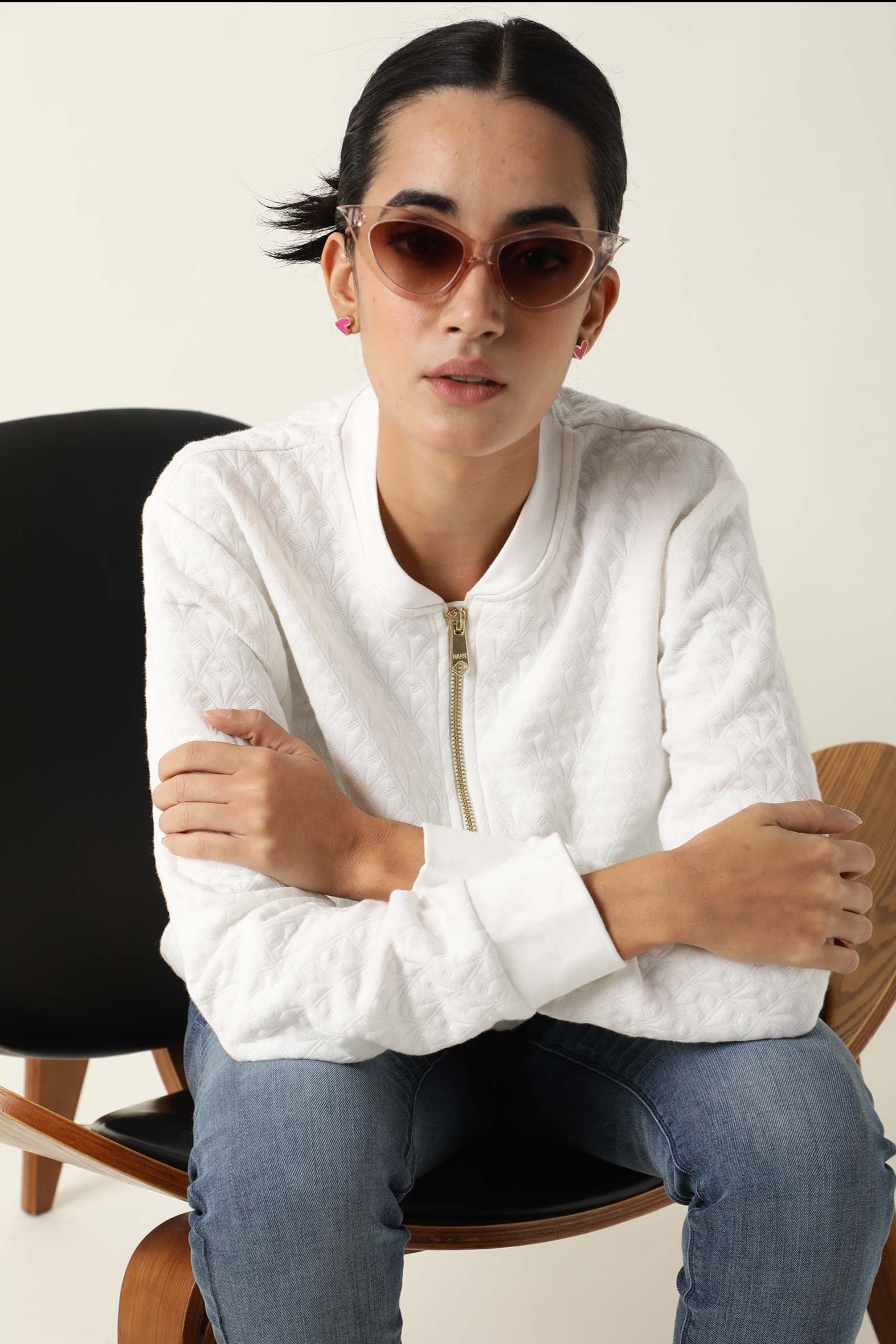 Rareism Womens Nect Off White Jacket Full Sleeve Long Sleeve Ribbed Neck