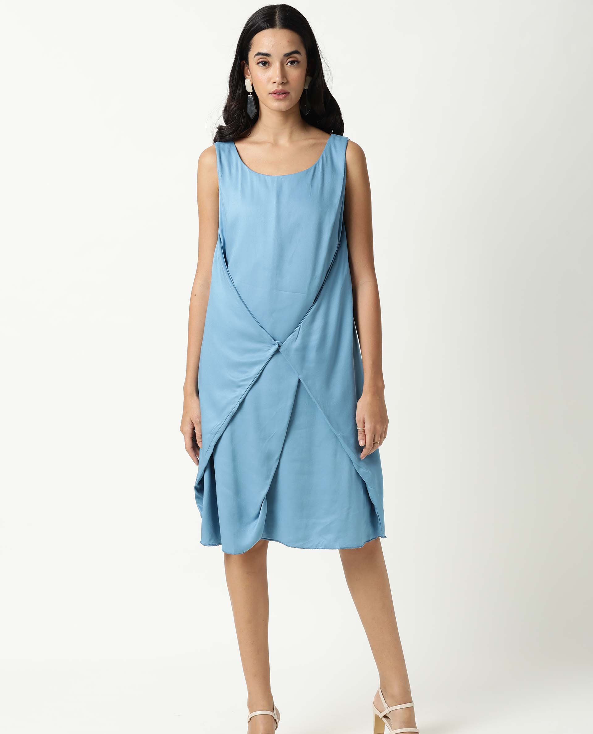 Rareism Women Clenzo Blue Round Neck Sleeveless Wrap Around Panel Mini Dress