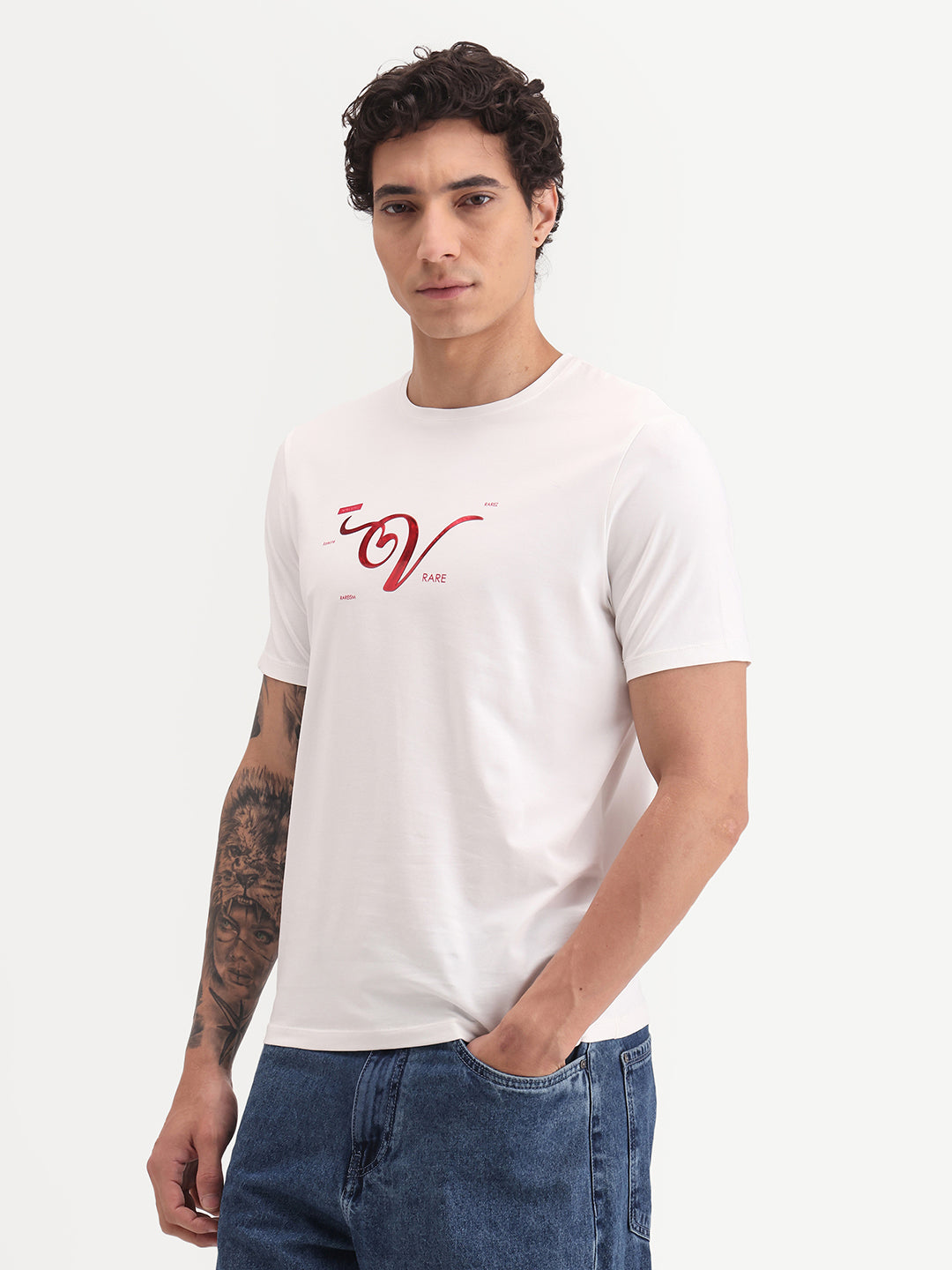 Rare Rabbit Men's Vday Off White Cotton Blend Fabric Half Sleeve Crew Neck Regular Fit Graphic Print T-Shirt