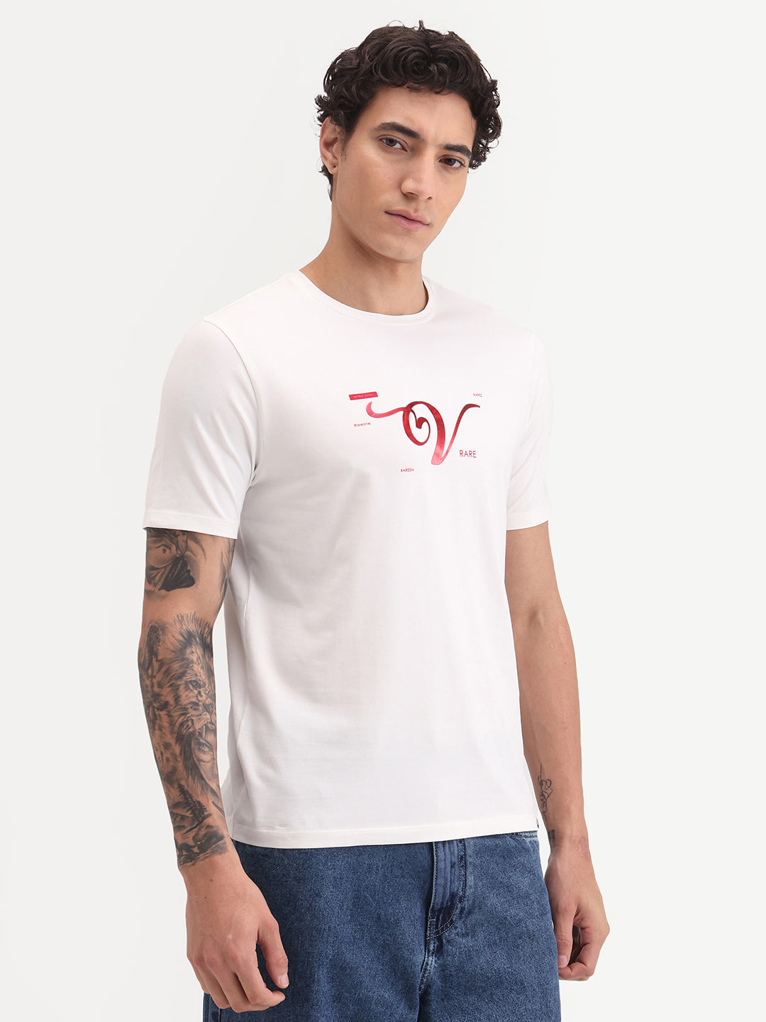 Rare Rabbit Men's Vday Off White Cotton Blend Fabric Half Sleeve Crew Neck Regular Fit Graphic Print T-Shirt