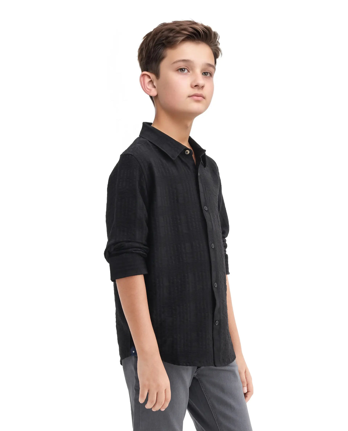 Rare Ones Kids Vack-K Black Viscose Blend Textured Button Closure Regular Fit Shirt