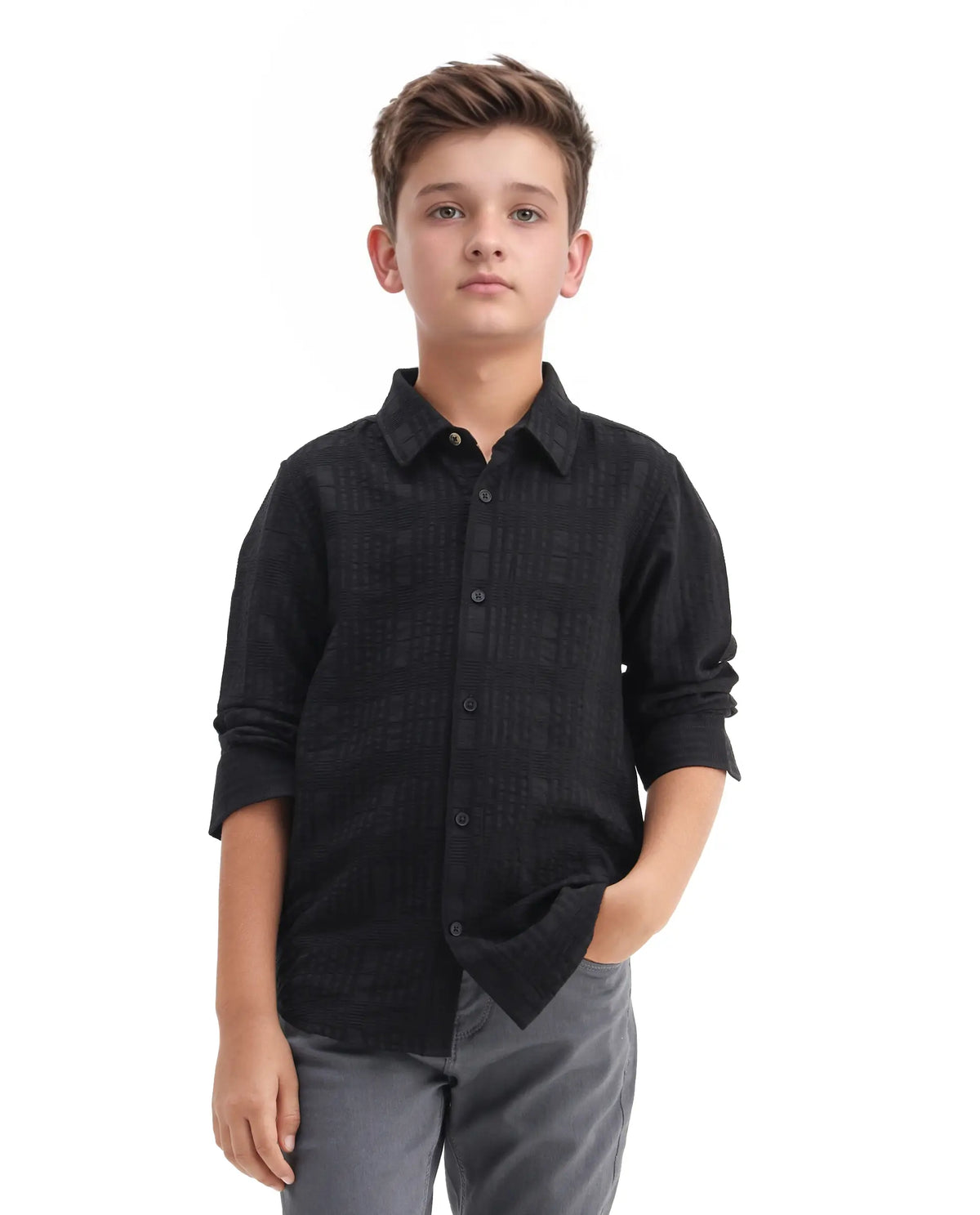 Rare Ones Kids Vack-K Black Viscose Blend Textured Button Closure Regular Fit Shirt