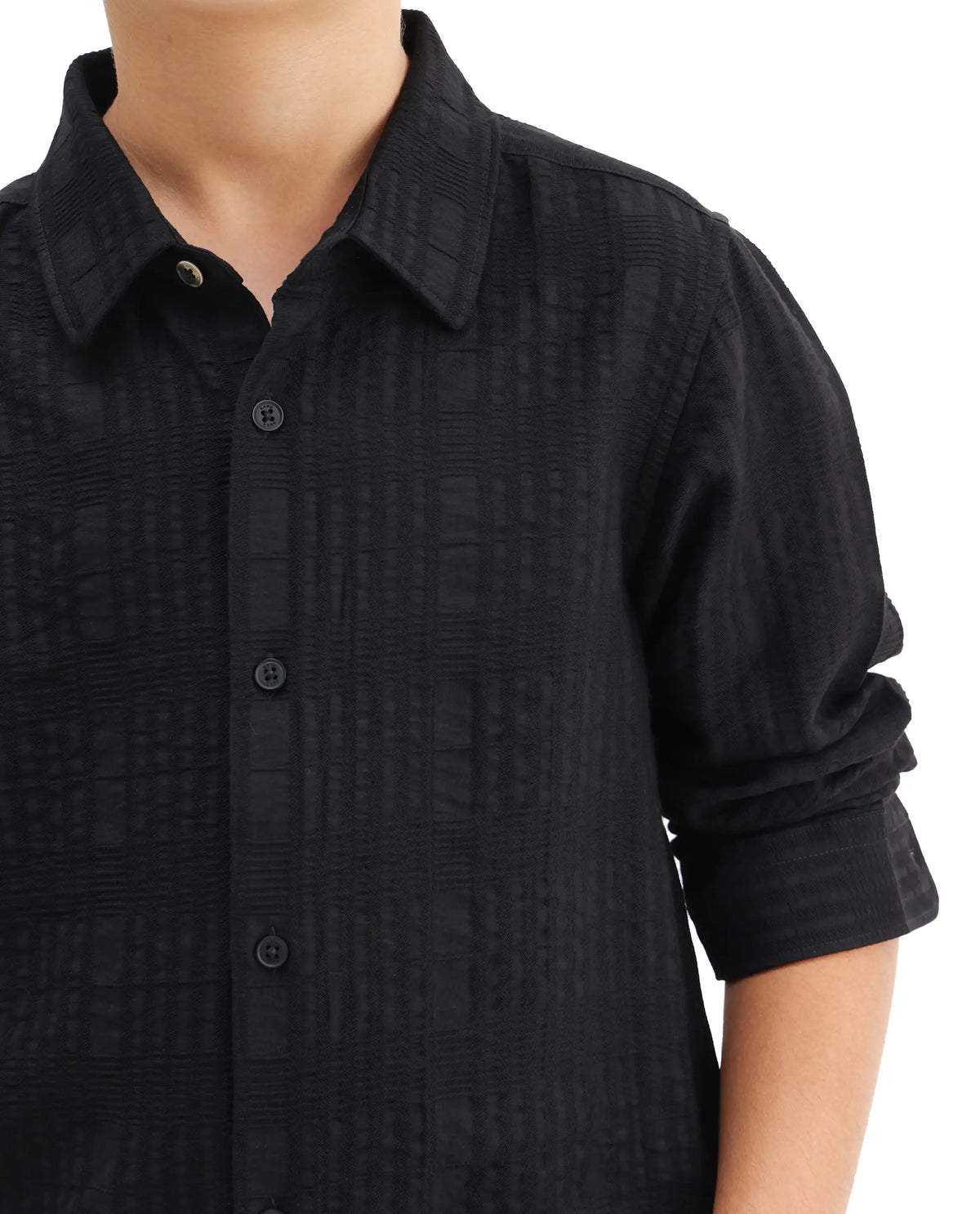 Rare Ones Kids Vack-K Black Viscose Blend Textured Button Closure Regular Fit Shirt