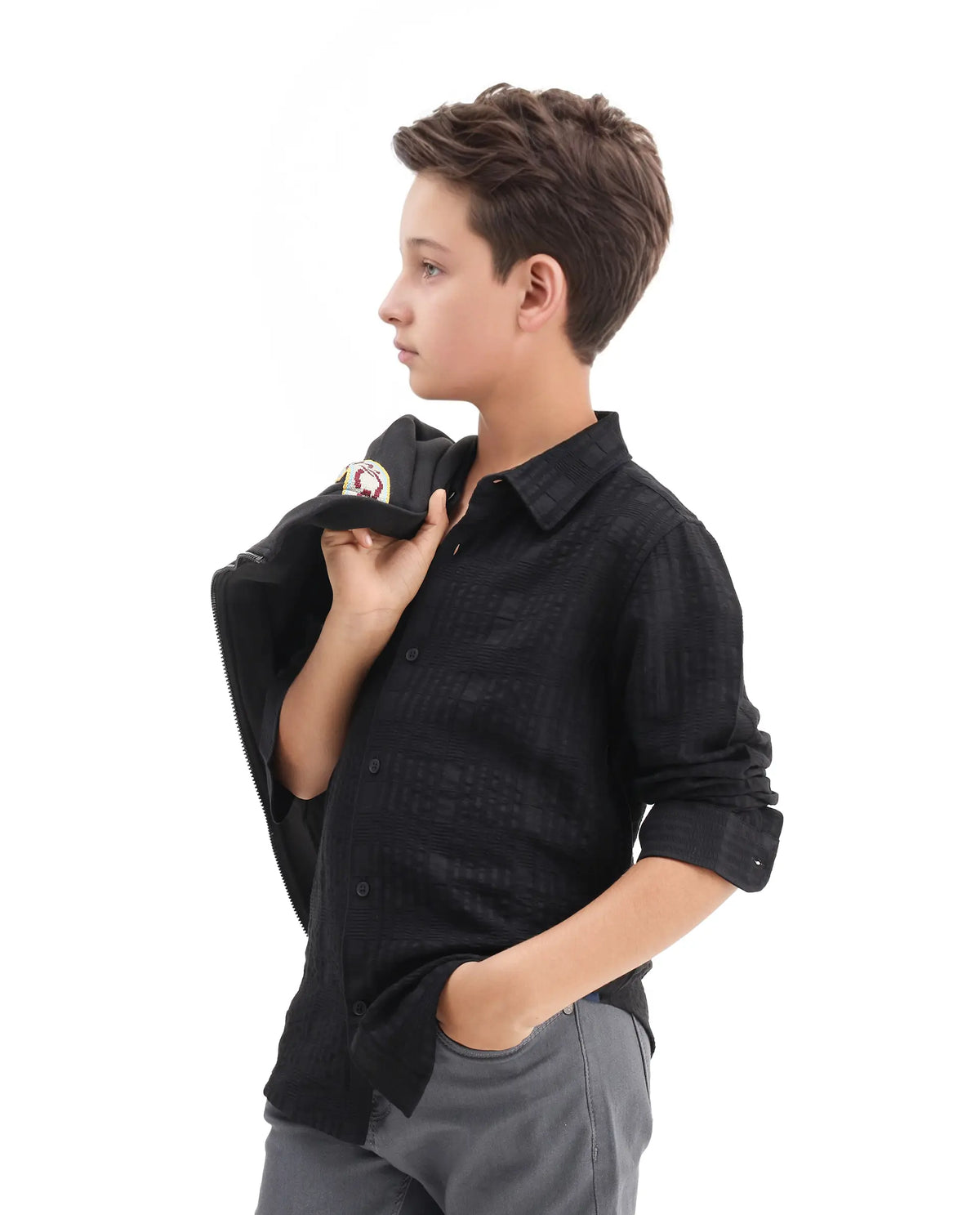 Rare Ones Kids Vack-K Black Viscose Blend Textured Button Closure Regular Fit Shirt